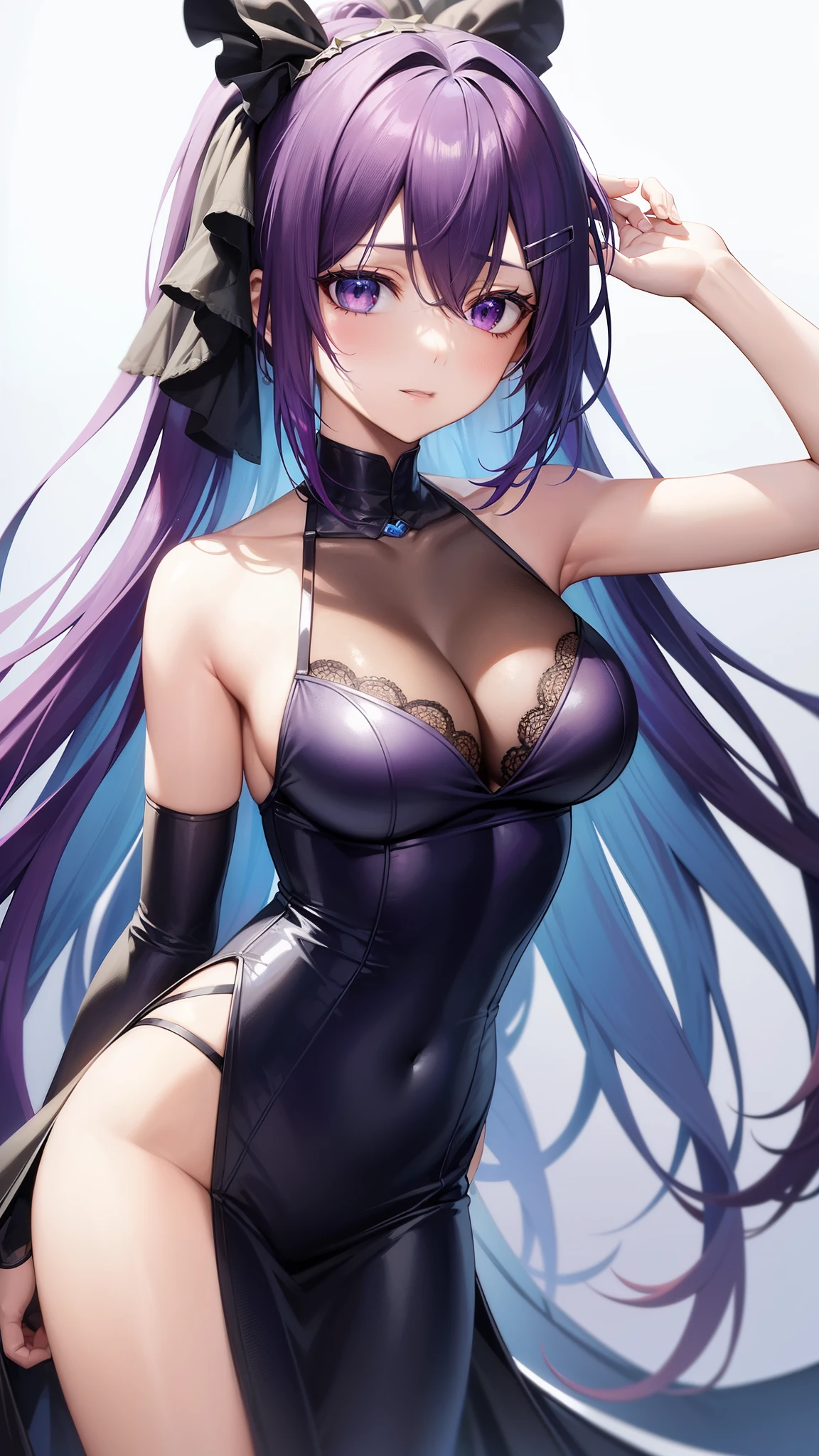 In the realm of 2D art, this masterpiece showcases a solo female character, immersed in the universe of yuri anime. With her captivating purple eyes and enchanting purple hair, she captivates the viewer's attention. A delicate hairclip adorns her locks, and strands of hair gracefully fall across her eyes, adding an intriguing allure to her yandere face. This highly detailed anime creation embodies the best quality of artistry, inviting the audience to explore the depths of her captivating persona.