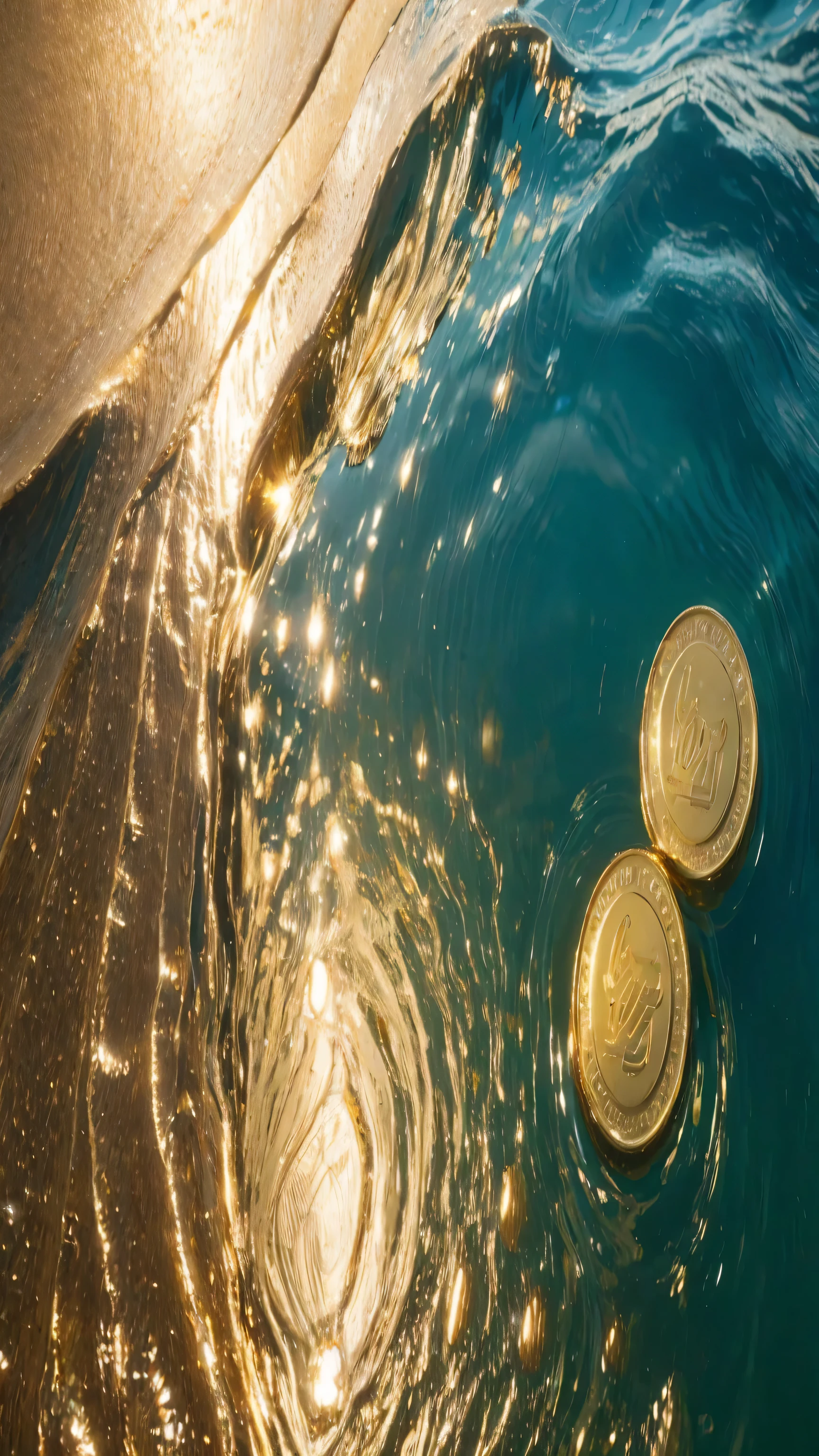 Gold coins floating on the clear ocean waves,Realistic,photo,Planet Earth style,HBO documentary style,HD,8K