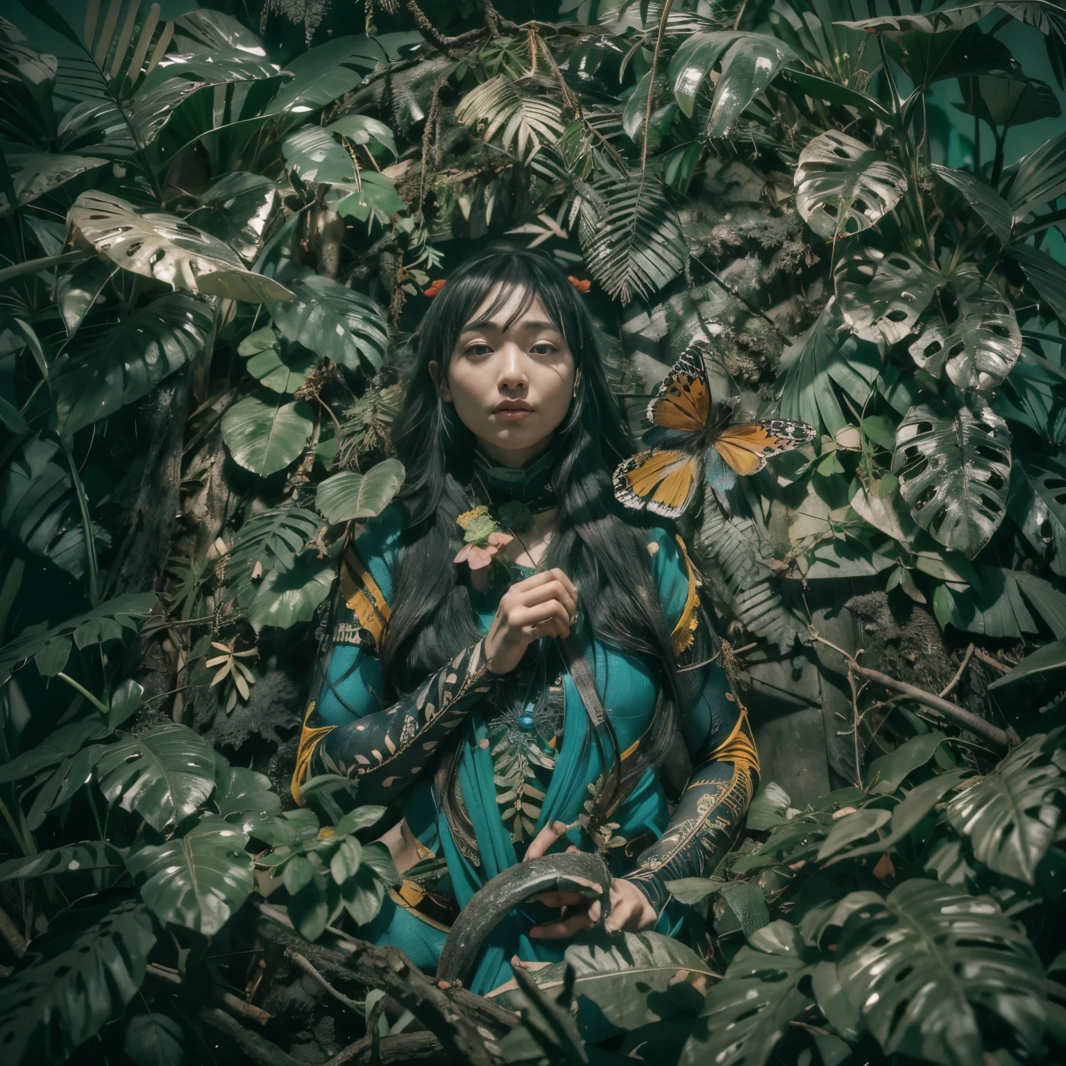 Deep in the Amazon jungle、Try wrapping it in banana leaves、Put it in a termite nest、Perform a spirit return ritual14Yanomami Girl、A blue butterfly is flying in the sacred and calm darkness。There are many signs of life and soul wriggling in the dark。 Realistic trees々、ivy、Overlapping leaves、Entangled ivy、Ground-covering ferns、humus、Wet Darkness、