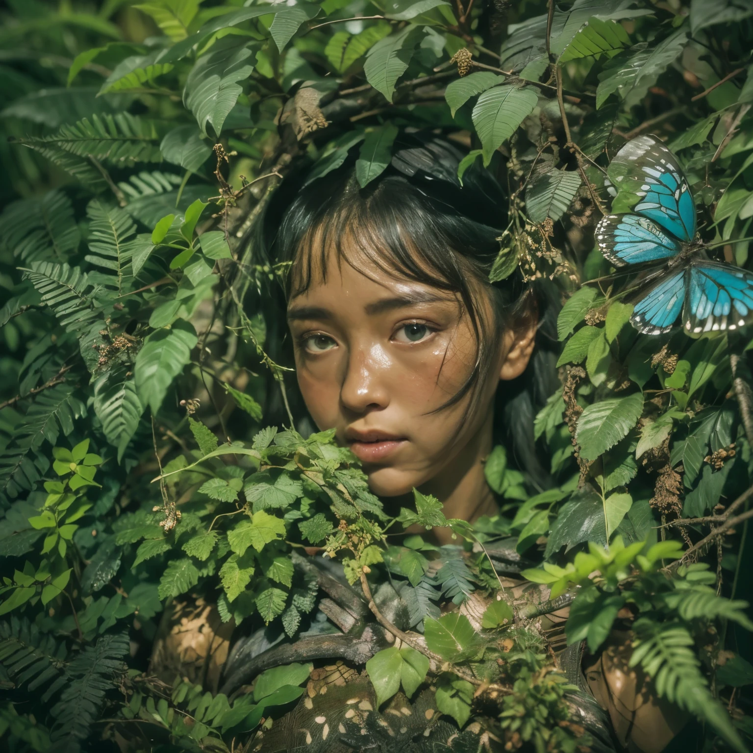 Deep in the Amazon jungle、Try wrapping it in banana leaves、Put it in a termite nest、Perform a spirit return ritual14Yanomami Girl、A blue butterfly is flying in the sacred and calm darkness。There are many signs of life and soul wriggling in the dark。 Realistic trees々、ivy、Overlapping leaves、Entangled ivy、Ground-covering ferns、humus、Wet Darkness、