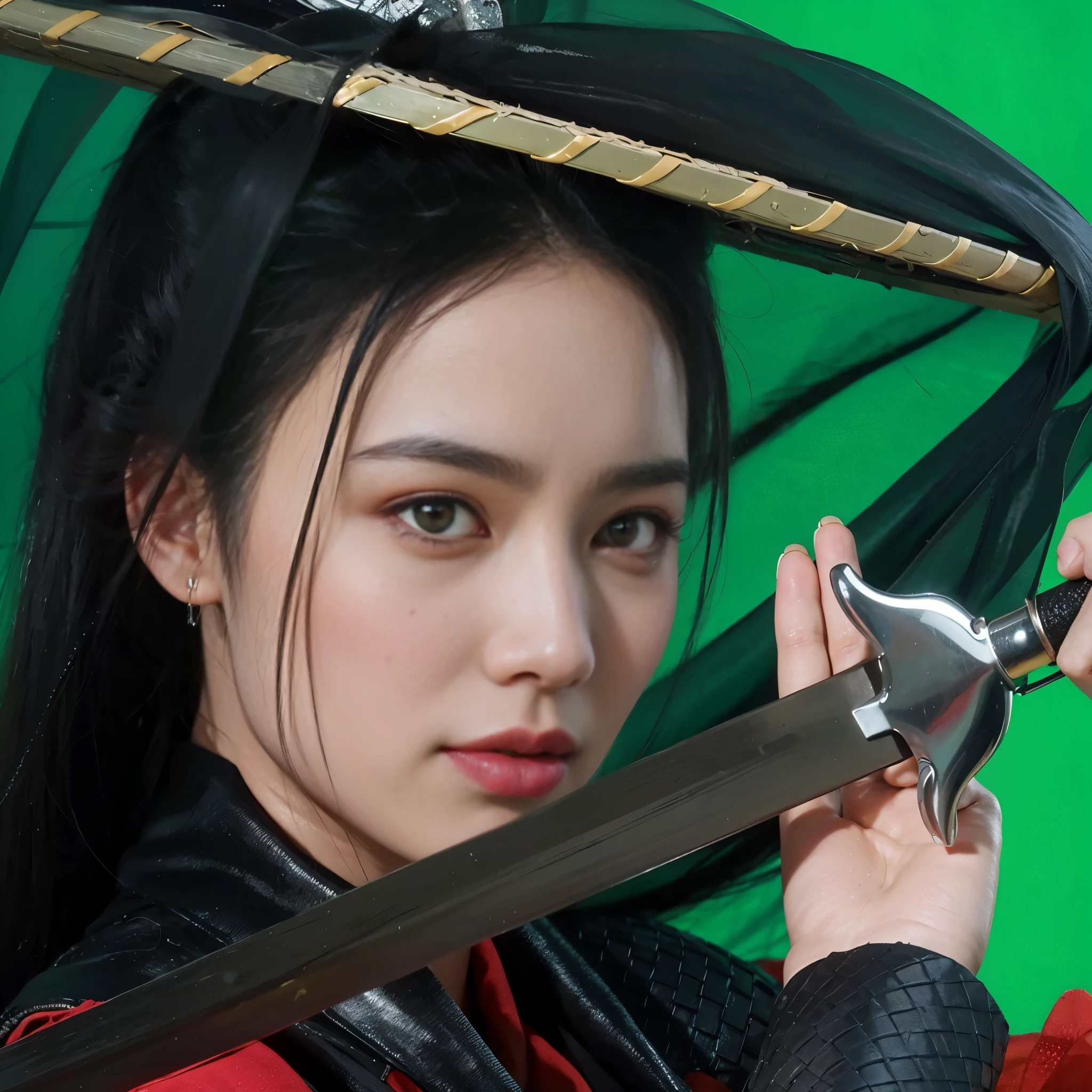 there is a woman holding a knife and a green umbrella, wuxia, she is holding a katana sword, full body wuxia, iu lee ji-eun as a super villain, portrait of mulan, xianxia hero, inspired by Chen Yifei, a young woman as genghis khan, unsheathing her katana