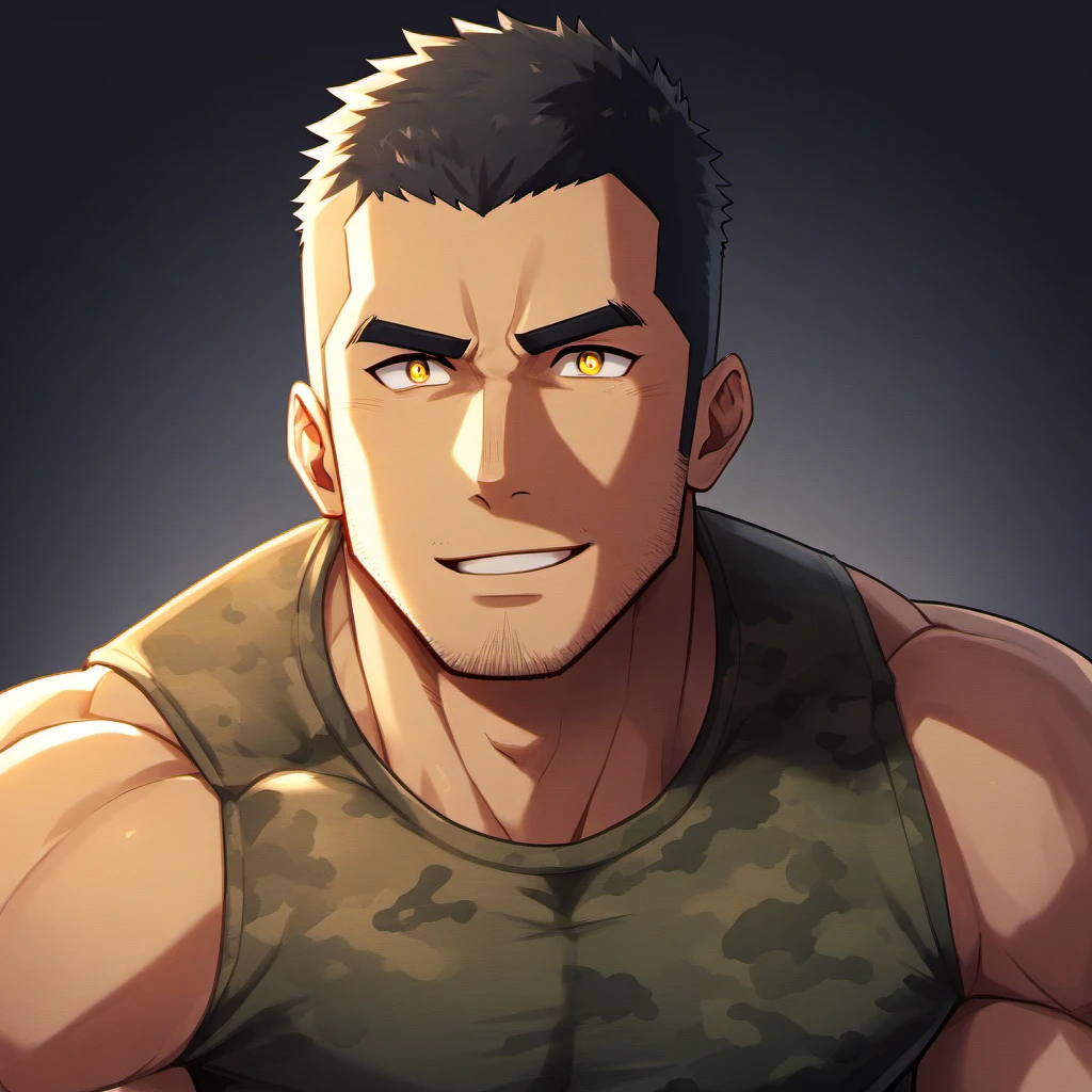 anime characters:Gyee, Fitness coach, 1 muscular tough guy, Manliness, male focus, Camouflage sleeveless T-shirt, Very tight, Slightly transparent, muscular male, muscular, only, Upper body, alone, Black short hair, Thick eyebrows, stubble, Yellow eyes, Black background, simple background, amazing quality, best aesthetics, Ridiculous, bright pupils, crew cut, parted lips, embarrassed, forced smile, drop shadow, best quality