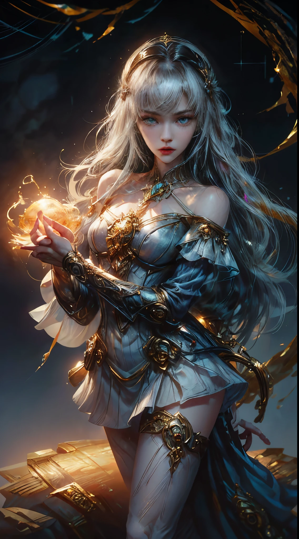 Official Art, Unity 8k wallpaper, ultra detail, masterpiece, best quality, one woman, (very detailed),(RAW photo, best quality), (realistic, photorealistic: 1.3), high definition, wide open mouth, ultra-detailed complex 3D rendering of face, (big breasts: 7.8), (highly detailed skin: 1.2), (exposure: 1.1), Beautiful Caucasian woman with full soft breasts and white skin with big buttocks (topless), breasts, shining white hair, yellow eyes, long hair, ( ( ( transparent silk string micro bikini in red)), dynamic angle, mystical expression, fire glow effect, fantasy background, rim lighting, side light, cinematic light, ultra high definition, 8k, film grain,best shadow, light particles, Detailed skin texture, Detailed face, Brown eyebrows, Super detailed, bright, strong, blue-silver armor, cleavage, slender abs, have shining weapons, have a beautiful shield, Pauldron, (Detailed and beautiful huge crown)), glowing eyes, long pink cloak, fantasy, (realistic),