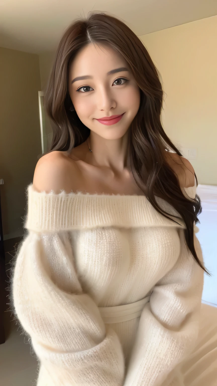((highest quality, 8K, masterpiece:1.3)), concentrated:1.2, perfect body beauty:1.4, nipples are erect、buttocks:1.2, ((delicate hair)), (color white、black、red、Off-the-shoulder fuzzy-trimmed body-con sweater dress、 :1.1) , ((highest quality、8K、masterpiece:1.3))、２０1 female generation、Smile、smile、Full body Esbian、slim face、big 、Beautiful woman、Pawnee Tail、(dark brown hair)、1.1、flickering valley、detailed eyes、double eyelid、blurred background、slim face、look down、living、