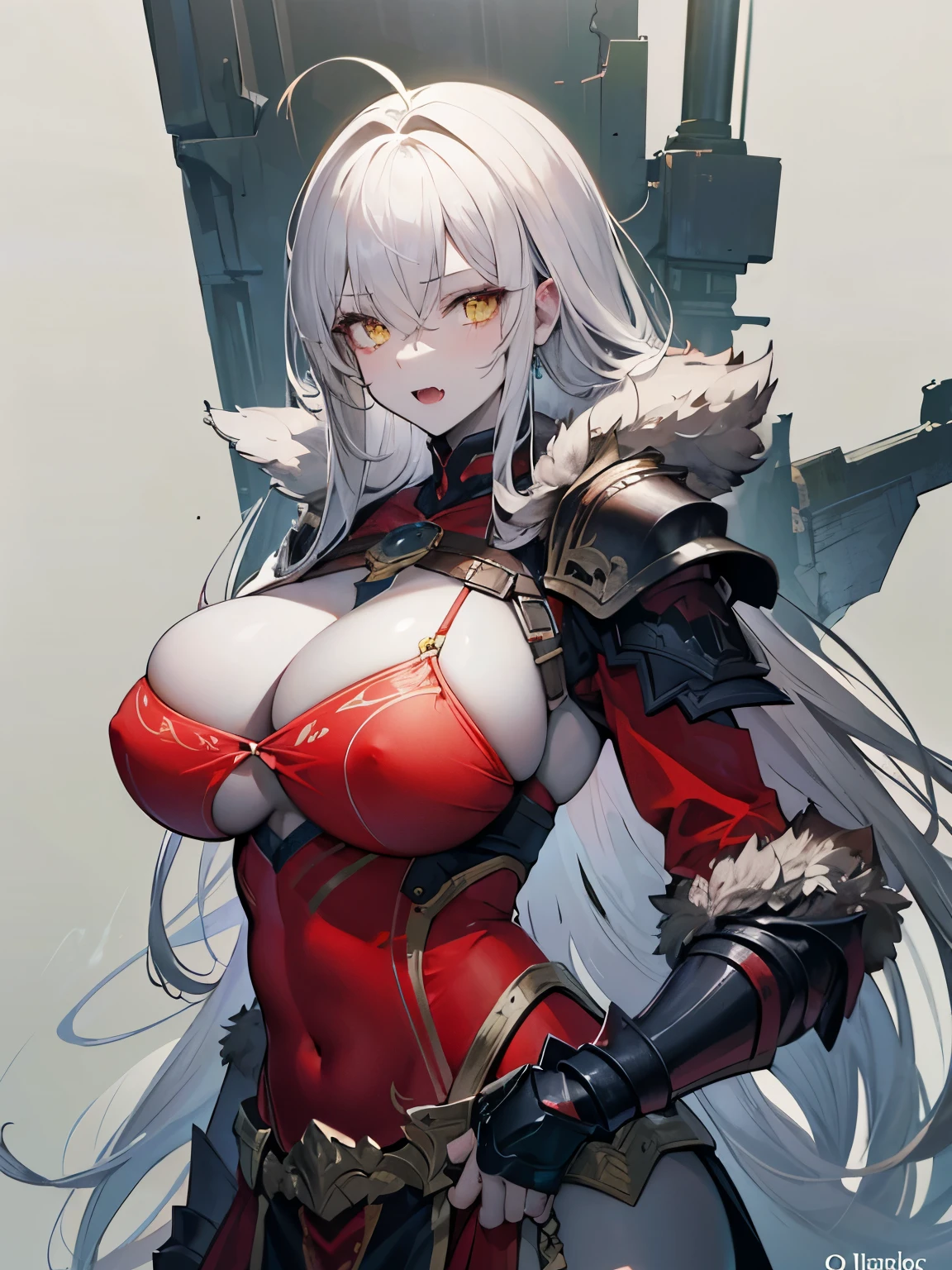 Ultra Detailed, big breast, 1girl, Official Art, Unity 8k Wallpaper, fanart, commissioned art, professional artist, digital art, alluring, ((flat color)), ((celshade)),
giant ogre woman, ((gray skin)), pale skin, yellow eyes, white hair, fur armor, berserker woman, slight muscular, ((thick body)), big breast, tall girl, tribal tattoo around eyes, berserker armor, fang teeth