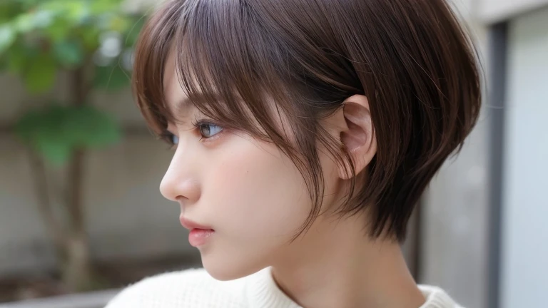 (short hair, profile:1.2),(wearing a knit sweater:1.2),1 girl,Japanese,21 years old,(small breasts:1.3),(highest quality,masterpiece:1.3,超A high resolution,),(Super detailed,caustics),(Photoreal:1.4,RAW shooting,)ultra-realistic capture,very detailed,High resolution 16K human skin close-up。 natural skin texture、,The pores are、、、、、、、、Must be detailed enough to be easily identified。 Skin should look even-toned and healthy。 Use natural light and color, sad expression, look at the camera, perfect dynamic composition, outdoor
