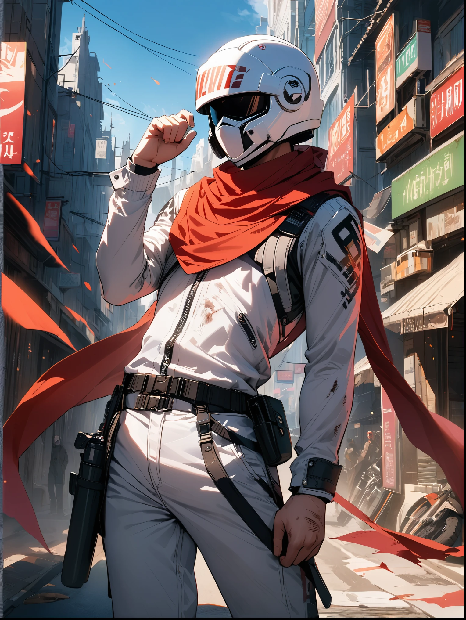 8K resolution, ((highest quality)), ((masterpiece)), ((super detailed)), (very delicate and beautiful), an adult male, hero, Black Full Face Helmet, motorcycle helmet, black bodyarmor, A battered red scarf is fluttering, heroism, hero, a city area, cool pose, Equipped with a holster at the waist, have small scratches and stains all over one's body, the streets, a ruined city, whole body