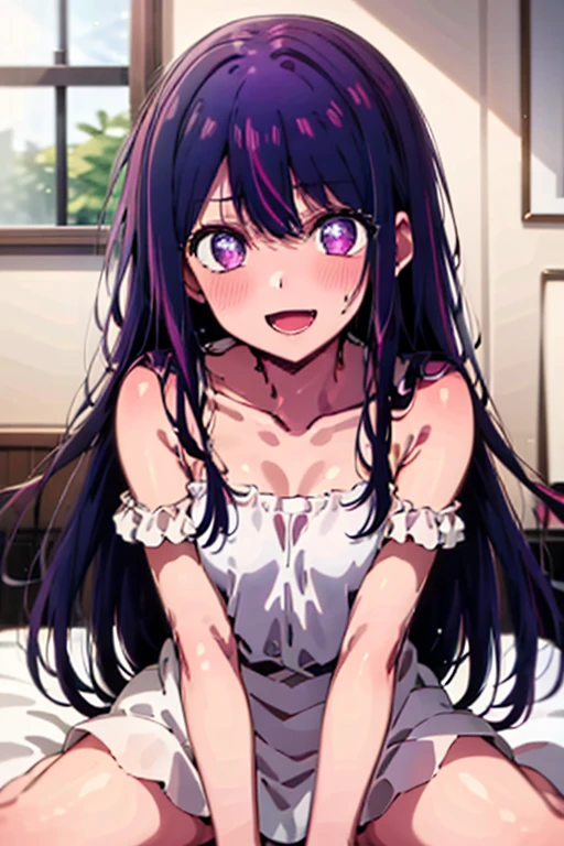 ((highest quality)), ((masterpiece)), (be familiar with), perfect face, indoor, Bedroom, looking at the viewer,
one woman, Hoshino Ai,
open mouth, ecstatic expression, blush, smile,
small breasts, flat chest, young girl, , , girl,
long hair, purple hair, purple eyes, Long Hair,
Completely naked, Nipple exposed, Sex with a man with a big cock, 膣内ejaculation, semen splashes, Insert a into your, sex in missionary position, , spread legs,