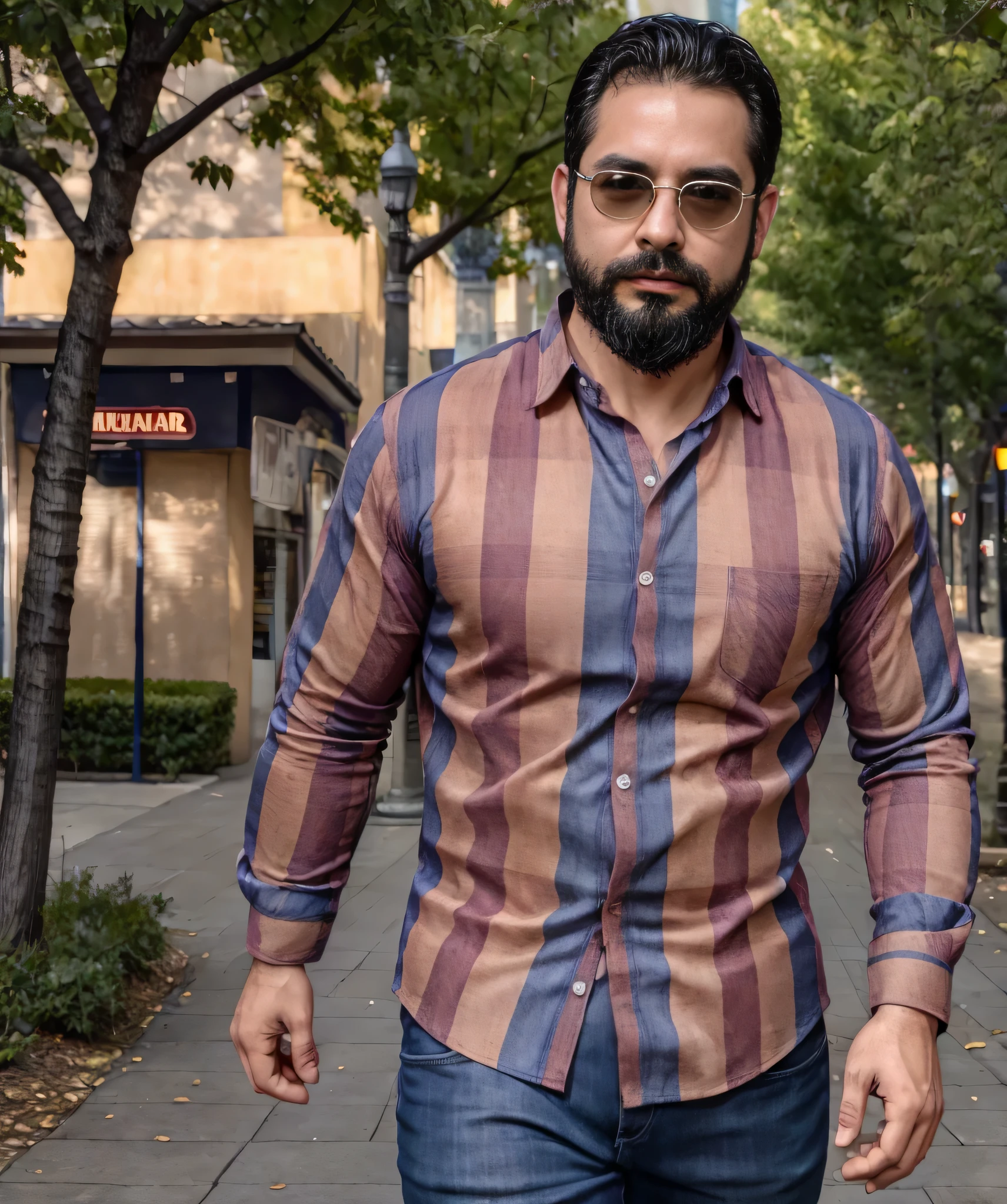 (best quality,4k,8k,highres,masterpiece:1.2), ultra-detailed, realistic:1.37, HDR, studio lighting, professional, vivid colors, bokeh, portraits, man in his late 30s, bearded, wearing sunglasses, wearing formal attire with checkered shirt, walking on the street.