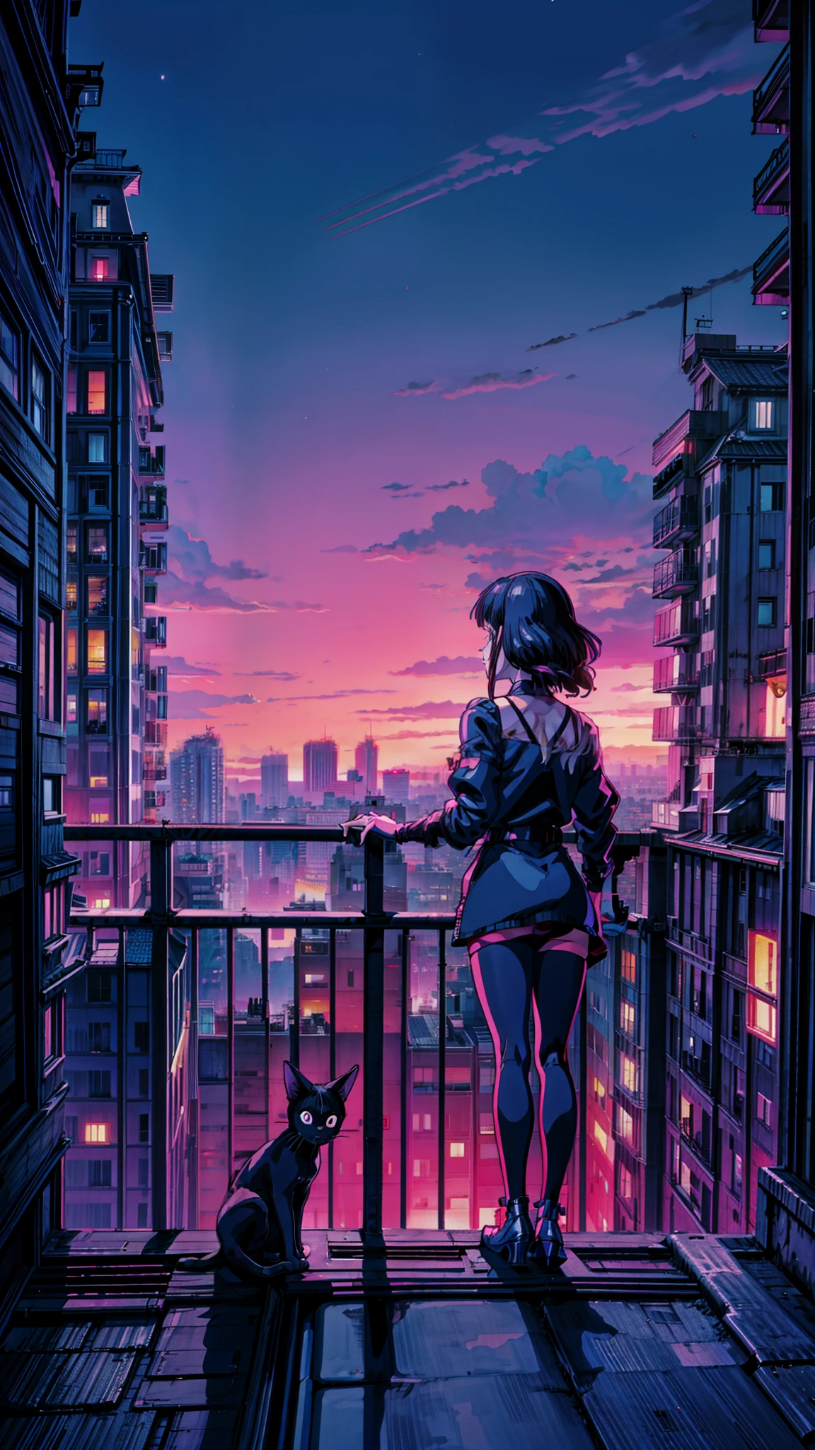 a woman standing on top of a balcony next to a cat, night city background, city background, anime atmospheric, synthwave image, night time city background, night - time city background, anime style cityscape, synthwave sunset, synthwave city, hd anime cityscape, night city on the background, roof background, watching the sun set. anime, night background