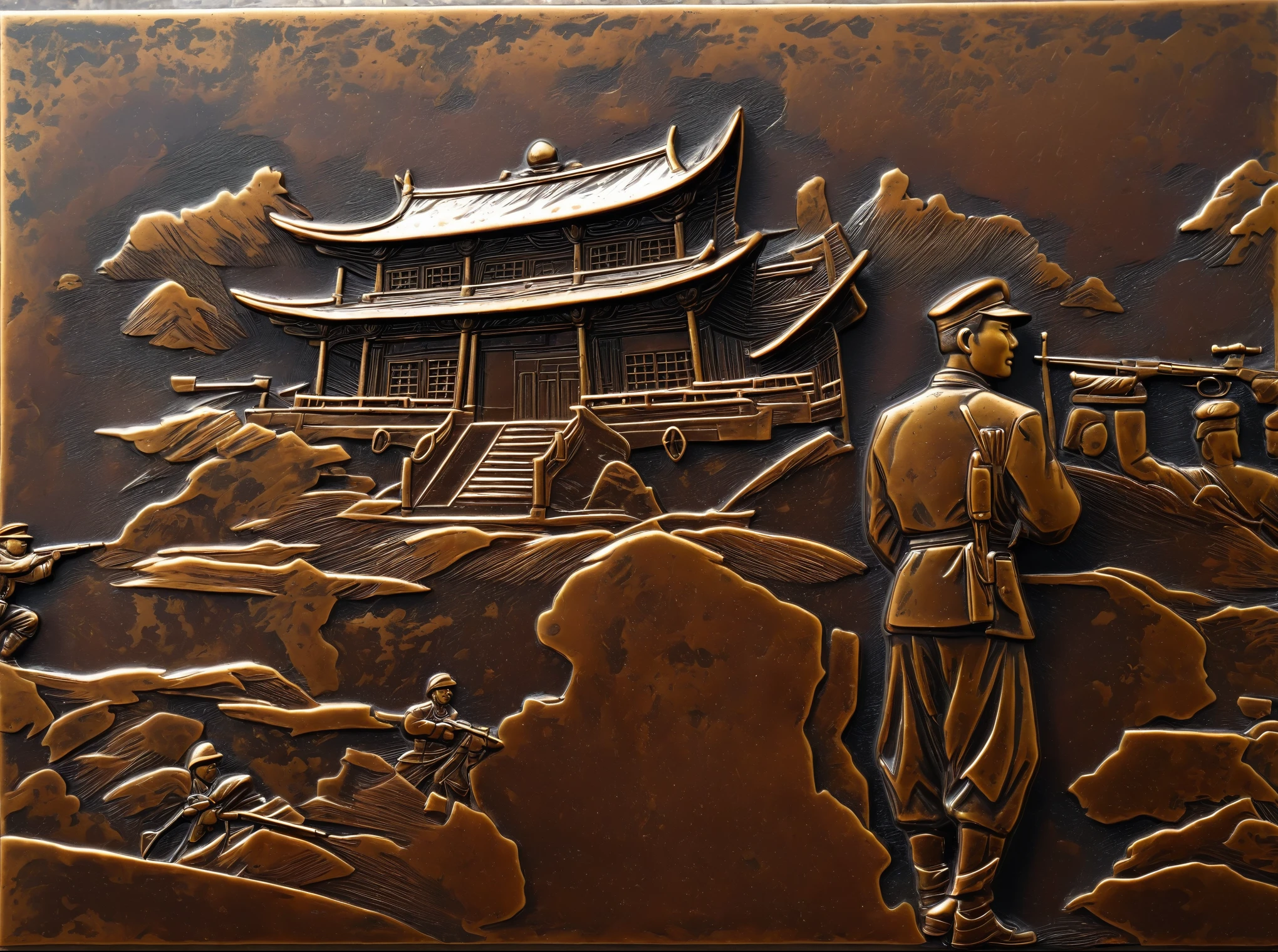 Chinese People&#39;s War Art Style Relief Chinese Soviet Soldiers in Sichuan Region，Filmed during World War II，In the style of Philip Lindsay Lo，Clipart style cameo, Bronze material, Relief Art Style, Dark gold color scheme, Detailed background, full-body shot, Strong contrast between light and shadow, Sculpture,literature, actual Detail, 抛光Bronze material， Frosted photos, Bright quality style, (masterpiece), (high quality), best quality, actual, Super details, (full details), (4K), 8K。