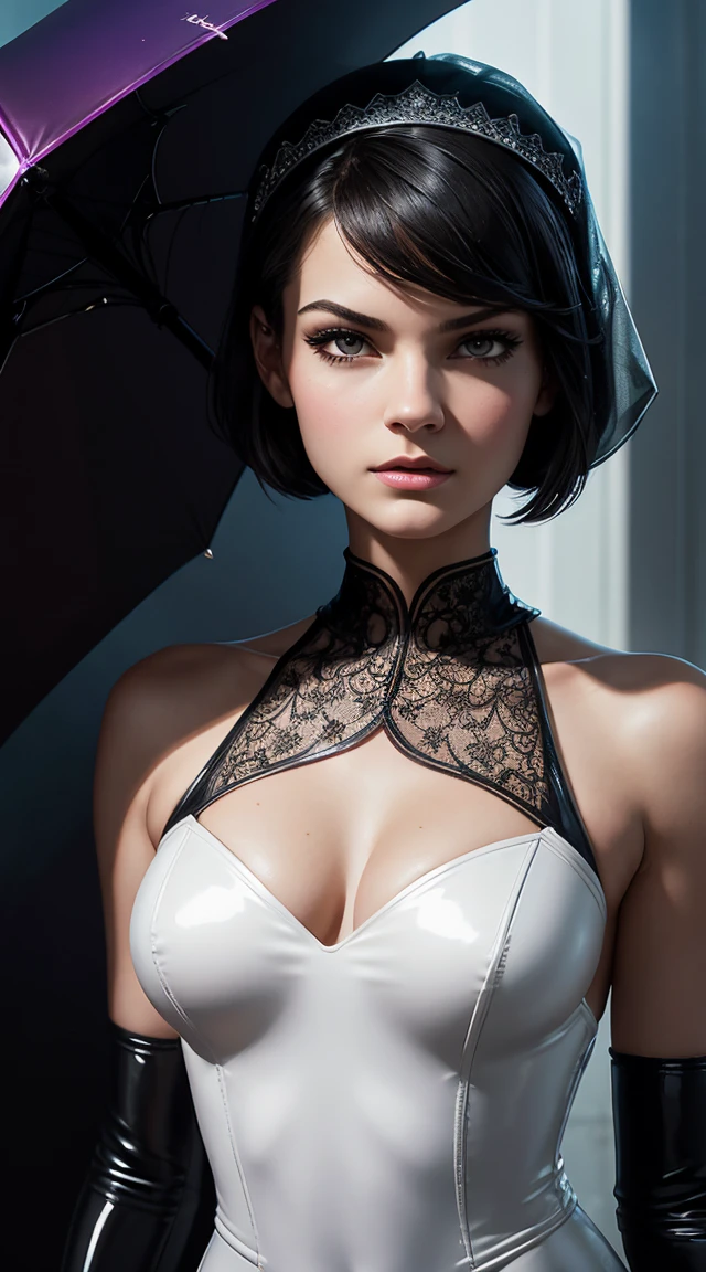 Brianna Hildebrand, latex veil bride sexy clothes, stand in front of a rainbow, character portrait, 3 9 9 0 s, short hair, intricate, elegant, highly detailed, digital painting, artstation, concept art, smooth, sharp focus, illustration, art by wlop, charlie bowater and alexandra fomina