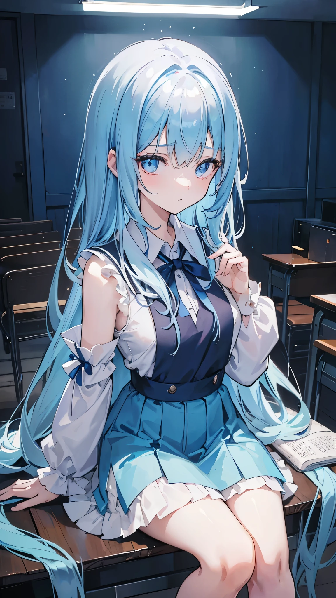1girl, with long flowing light blue hair cascading down her back, sits attentively in the dimly lit classroom. The dark blue walls of the modern school building surround her, contrasting starkly with her vibrant hair. Wearing a black , the traditional collar and sleeves of her blouse giving it an anime touch, she focuses intently on her textbooks.