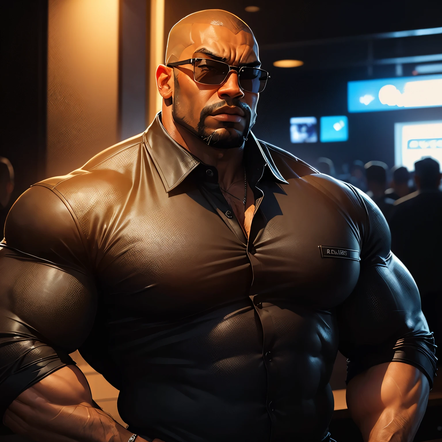 an exaggeratedly muscular and large bodyguard, beefy build, beard, dark-skinned african american male, buzzcut hair with square line, sunglasses, (worried expression: 1.2), (black collared security shirt: 1.2), (bara pecs: 1.3), (arm and chest hair: 1.1), portrait HD, (night club)