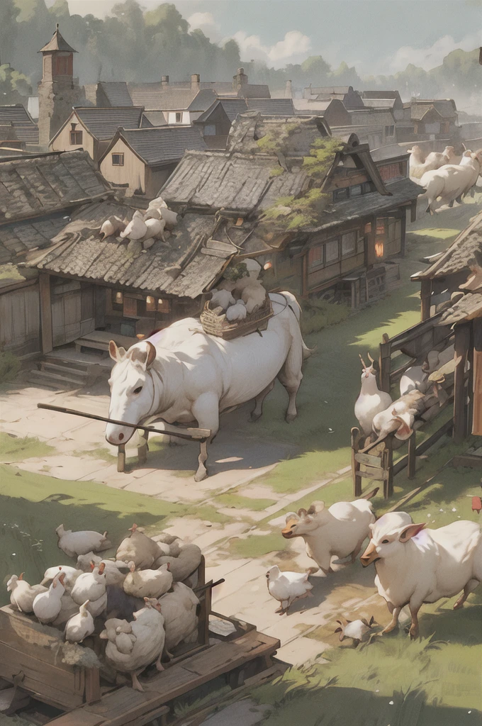 ,欧洲middle Ages,The west,youth,man,farmer,dim,The west龙,Sky中飞龙,farmer,livestock,animal,ox,sheep,dog,pig,Chicken and duck,farmland,village, Keep, outdoor, bird, permanent, cloud, arms, from behind, Sky, cloudy Sky, animal, FOG, middle Ages,farmland,river,war