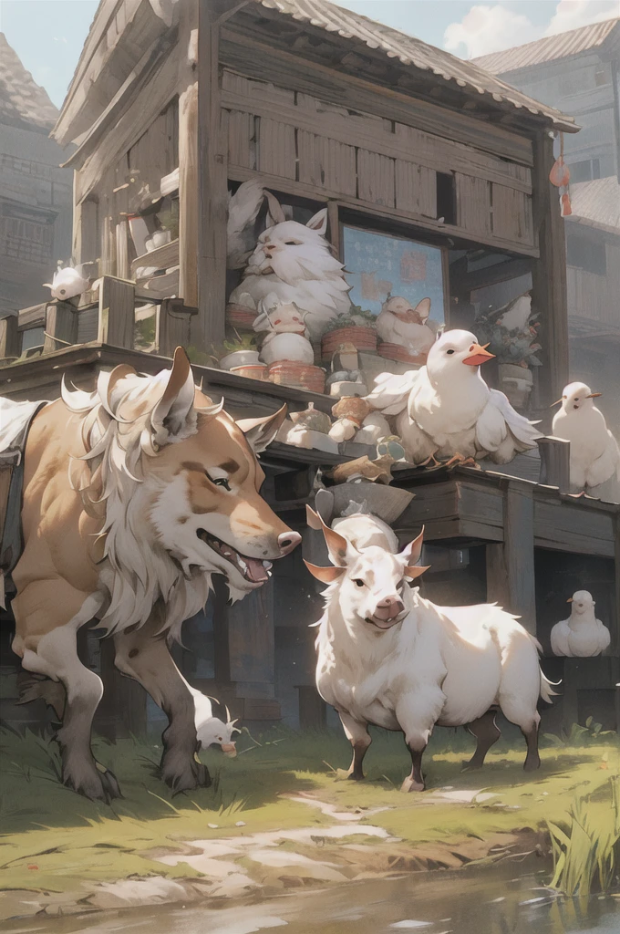 ,欧洲middle Ages,The west,youth,man,farmer,dim,The west龙,Sky中飞龙,farmer,livestock,animal,ox,sheep,dog,pig,Chicken and duck,farmland,village, Keep, outdoor, bird, permanent, cloud, arms, from behind, Sky, cloudy Sky, animal, FOG, middle Ages,farmland,river,war