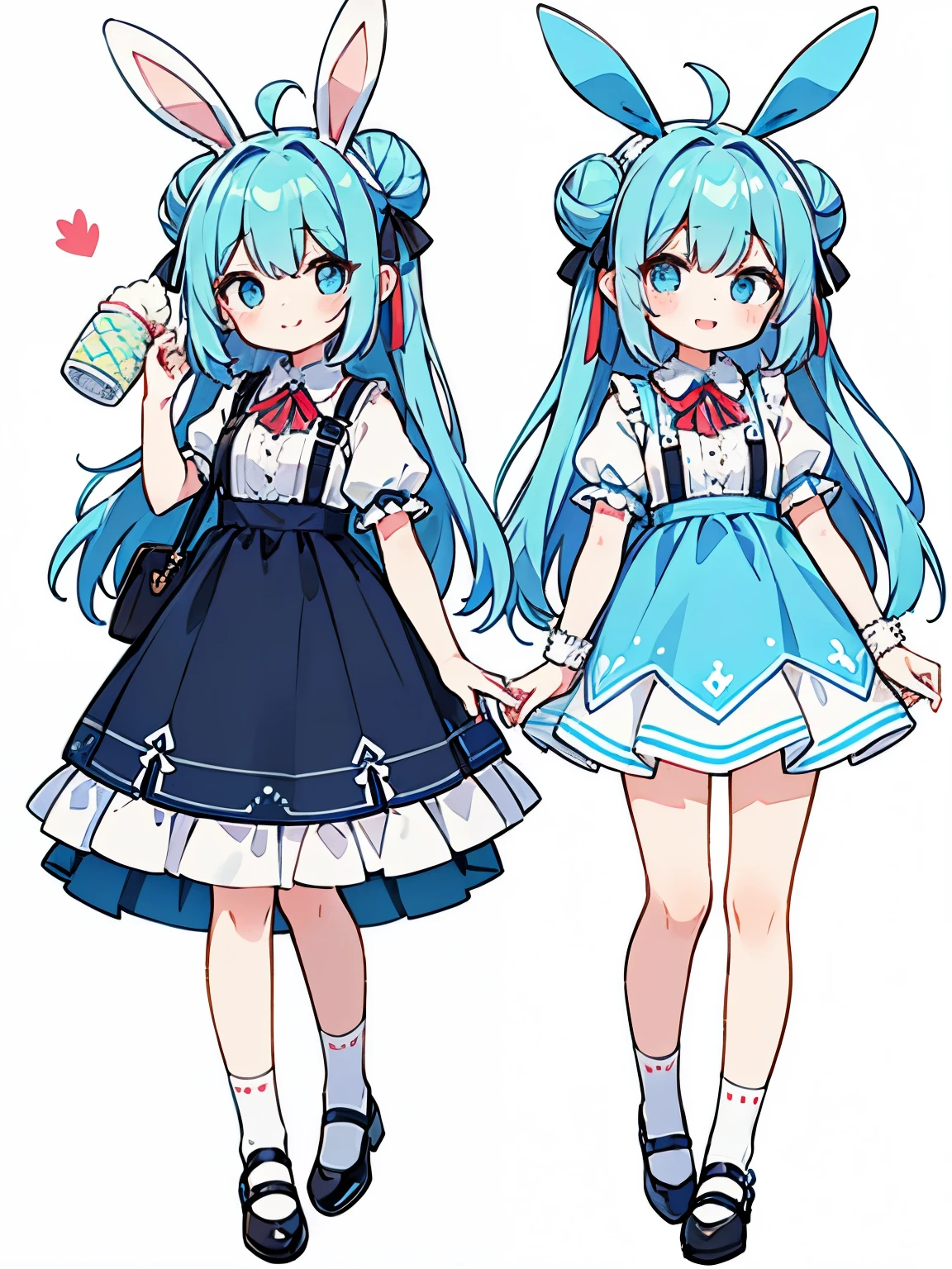 food, 1girl, chibi, blue_hair, hair_ornament, double_bun, blue_eyes, dress, long_hair, ice_cream, smile, white_background, blue_dress, hair_bun, socks, open_mouth, ice, looking_at_viewer, bunny ears, ribbon, shoes, holding, bag, simple_background, full_body, multiple_views, ahoge, black_footwear, hair_ribbon, short_sleeves, shirt, blush, mary_janes, bangs