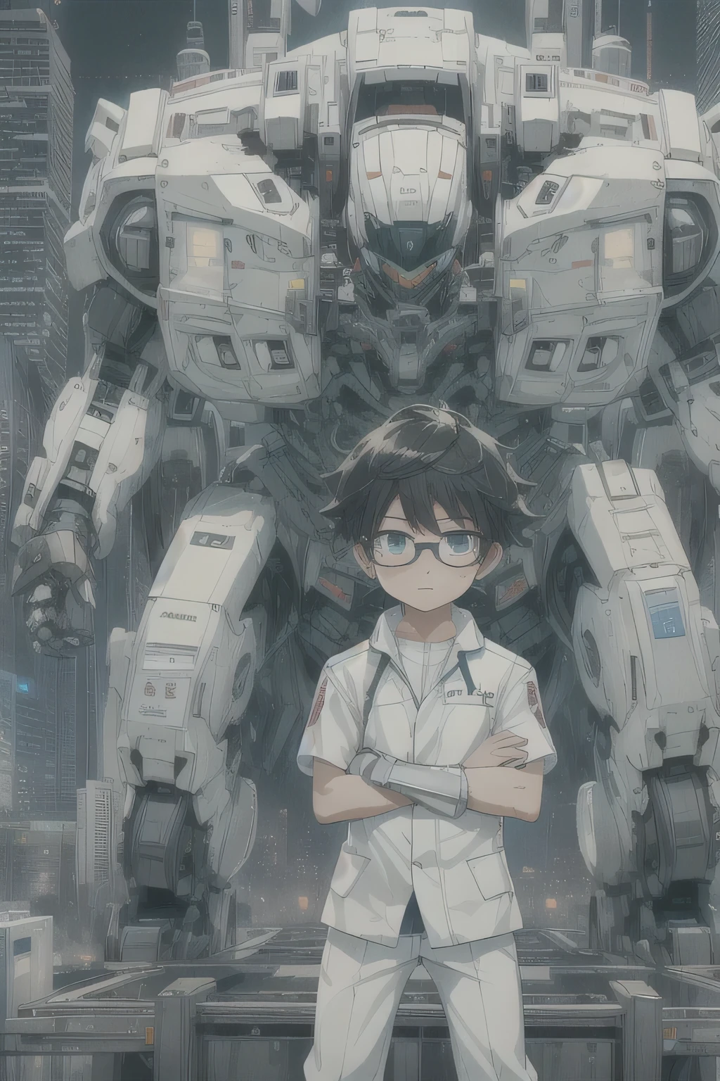 Black-haired boy、PhD、Scientific research electronic magazine，White clothes，Black-rimmed glasses，Robotic arm，Giant pure white mecha，City，Determined gaze，cute，arms，artillery，arms。