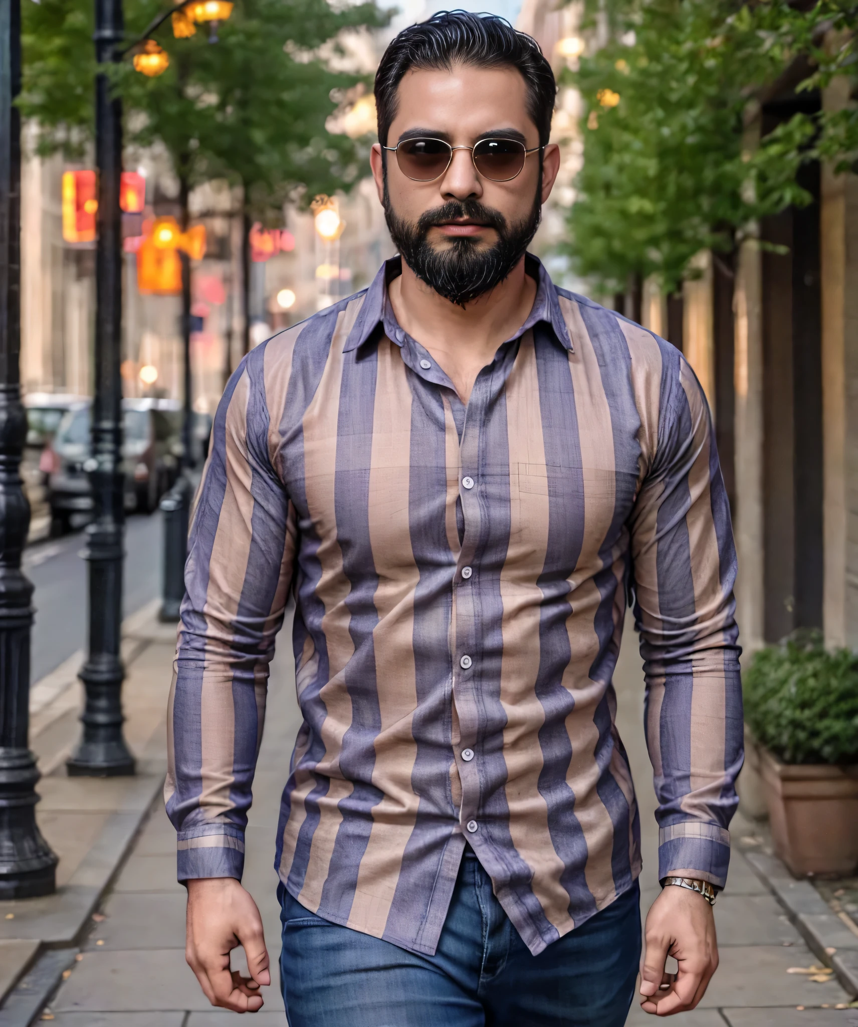 (best quality,4k,8k,highres,masterpiece:1.2), ultra-detailed, realistic:1.37, HDR, studio lighting, professional, vivid colors, bokeh, portraits, man in his late 30s, bearded, wearing sunglasses, wearing formal attire with checkered shirt, walking on the street.