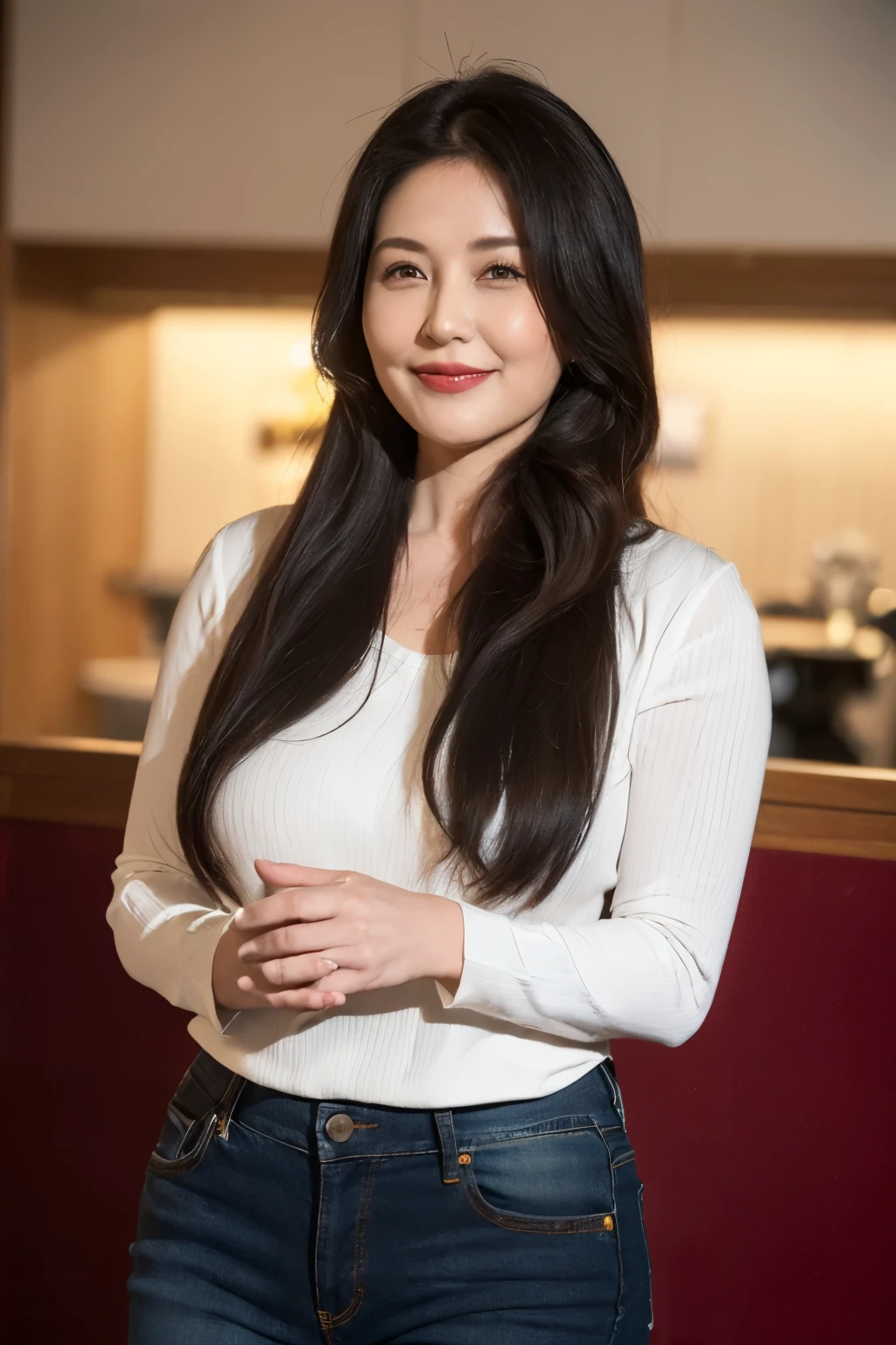 ((top quality、8k、masterpiece:1.3))、sharp focus, High level of image quality, high resolution,,brown shirt,black tie,black jeans,37-year-old woman with long wavy hair,Mature,charming smile,Draw lips correctly, red lipstick,stand,Slightly fat,Big breasts,garden background,full-body shot