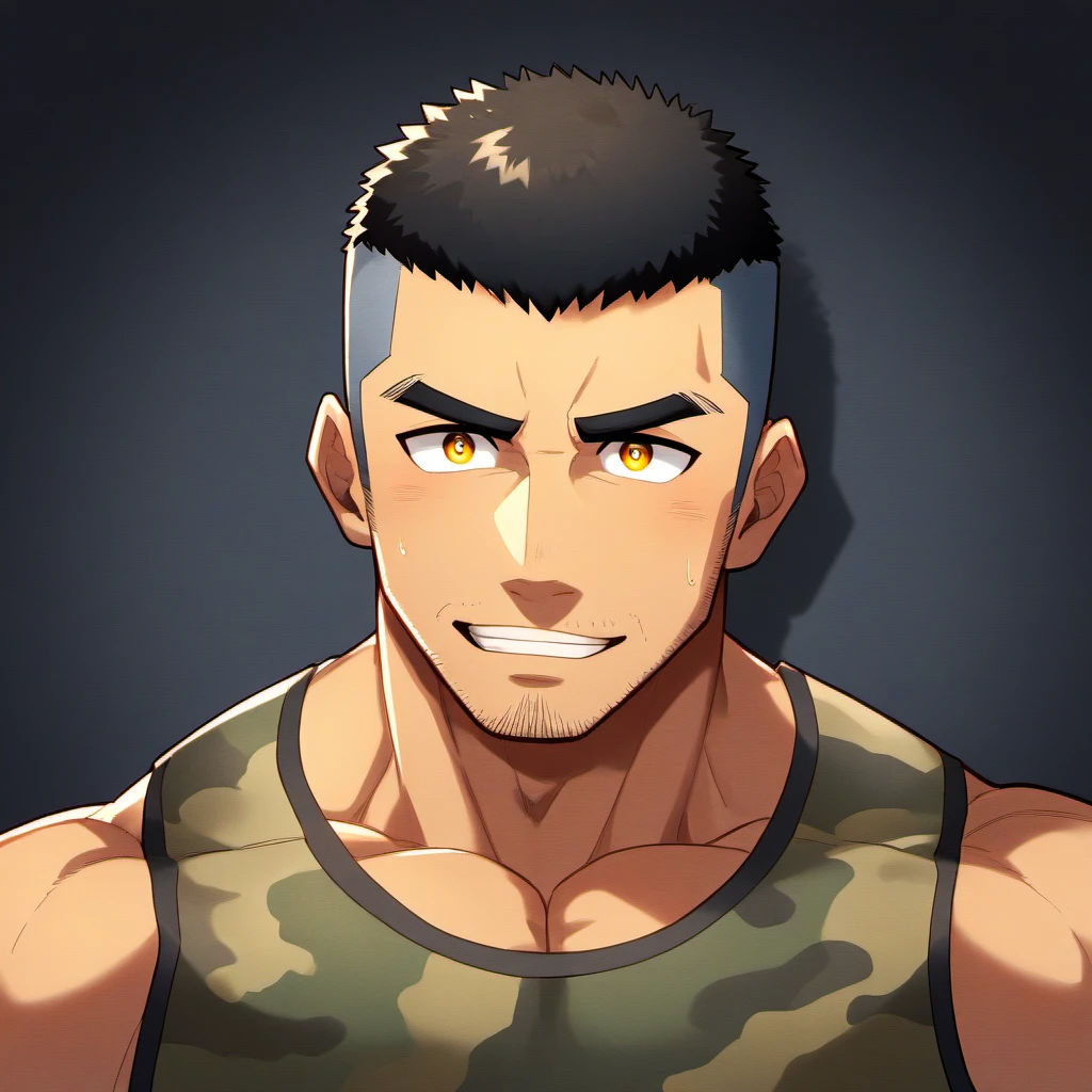 anime characters：Gyee, Fitness coach, 1 muscular tough guy, Manliness, male focus, Camouflage sleeveless T-shirt, Very tight, Slightly transparent, muscular male, muscular, only, Upper body, alone, Black short hair, Thick eyebrows, stubble, Yellow eyes, Black background, simple background, amazing quality, best aesthetics, Ridiculous, bright pupils, crew cut, parted lips, embarrassed, forced smile, drop shadow, best quality