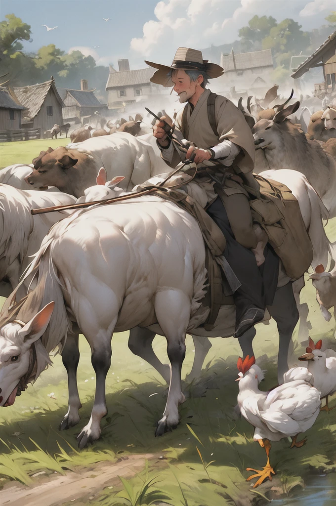,欧洲middle Ages,The west,youth,man,farmer,dim,The west龙,Sky中飞龙,farmer,livestock,animal,ox,sheep,dog,pig,Chicken and duck,farmland,village, Keep, outdoor, bird, permanent, cloud, arms, from behind, Sky, cloudy Sky, animal, FOG, middle Ages,farmland,river,war