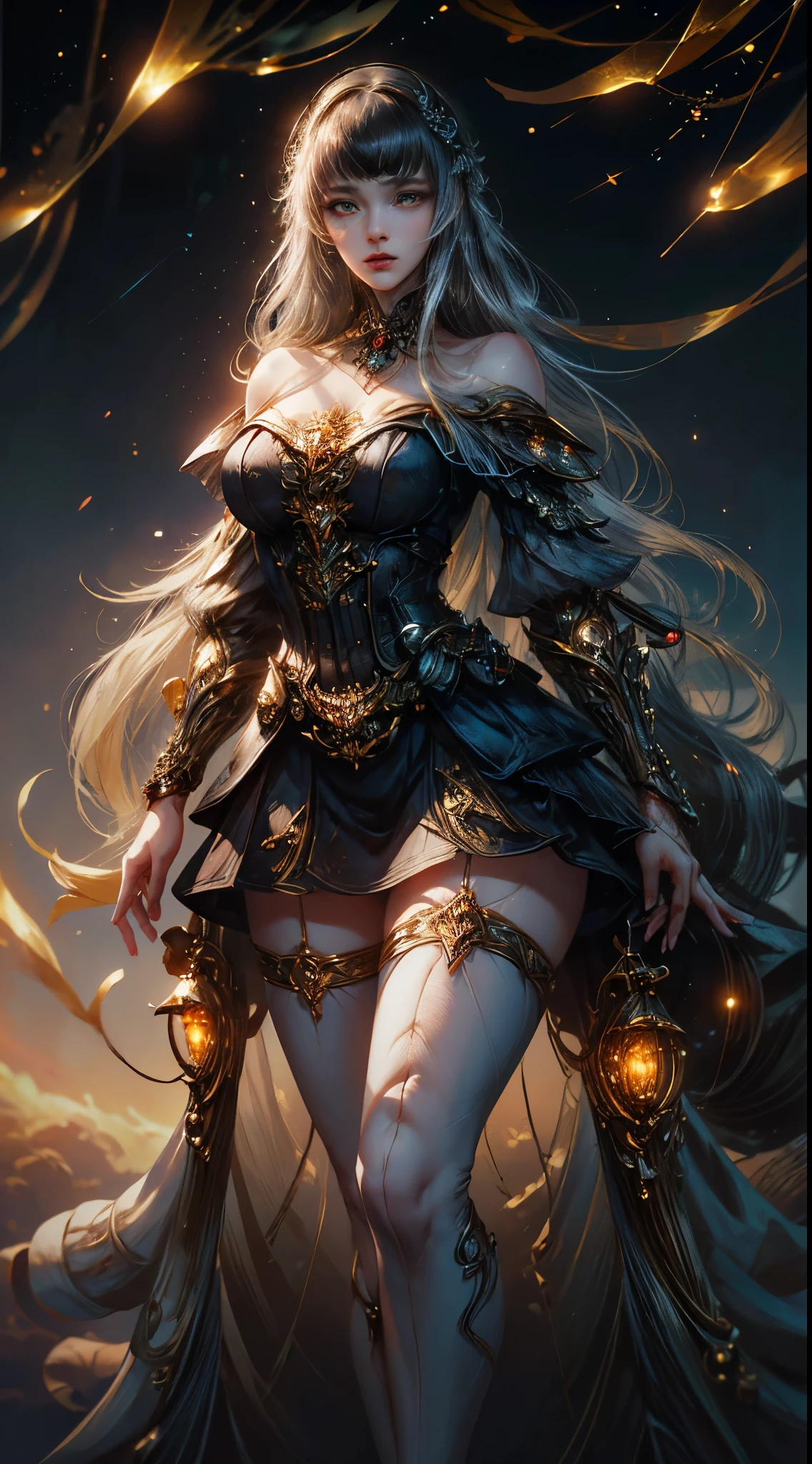 Wizard girl. Very pretty ,
(((masterpiece, best quality, raw photo, photorealistic, depth of field, ultra detailed, detailed face, very precise eyes))), Dynamic Action Pose, Invoke Magic, Mechanical Magic Weapons, very slender long legs, lace stockings on the knee, steampunk headgear, fluttering lace flared white mini skirt, off-shoulder white fashion with a fusion of detailed and intricate steampunk and detailed white gothic lolita, (((Vslender body, long, thin limbs))), upward and beautiful small breasts, (((Thick bangs))), (((princess cut))), Clean long white hair, long vertical curly hair, wind driven, futuristic complex steampunk factory background, infinite dark universe, flying celestial bodies, countless celestial neon lights raining down from the heavens, cinematic lighting decoration.
