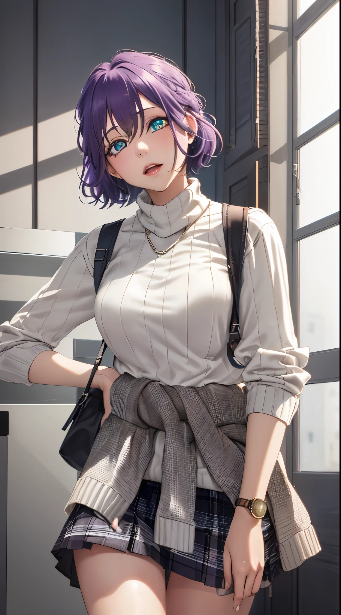 1girl, solo, short hair, purple hair,glowing green eyes,
BREAK ((clothes around waist, plaid, plaid skirt, , skirt, sweater, sweater around waist:1.5))
BREAK (masterpiece:1.2), best quality, high resolution, unity 8k wallpaper, (illustration:0.8), (beautiful detailed eyes:1.6), extremely detailed face, perfect lighting, extremely detailed CG, (perfect hands, perfect anatomy),