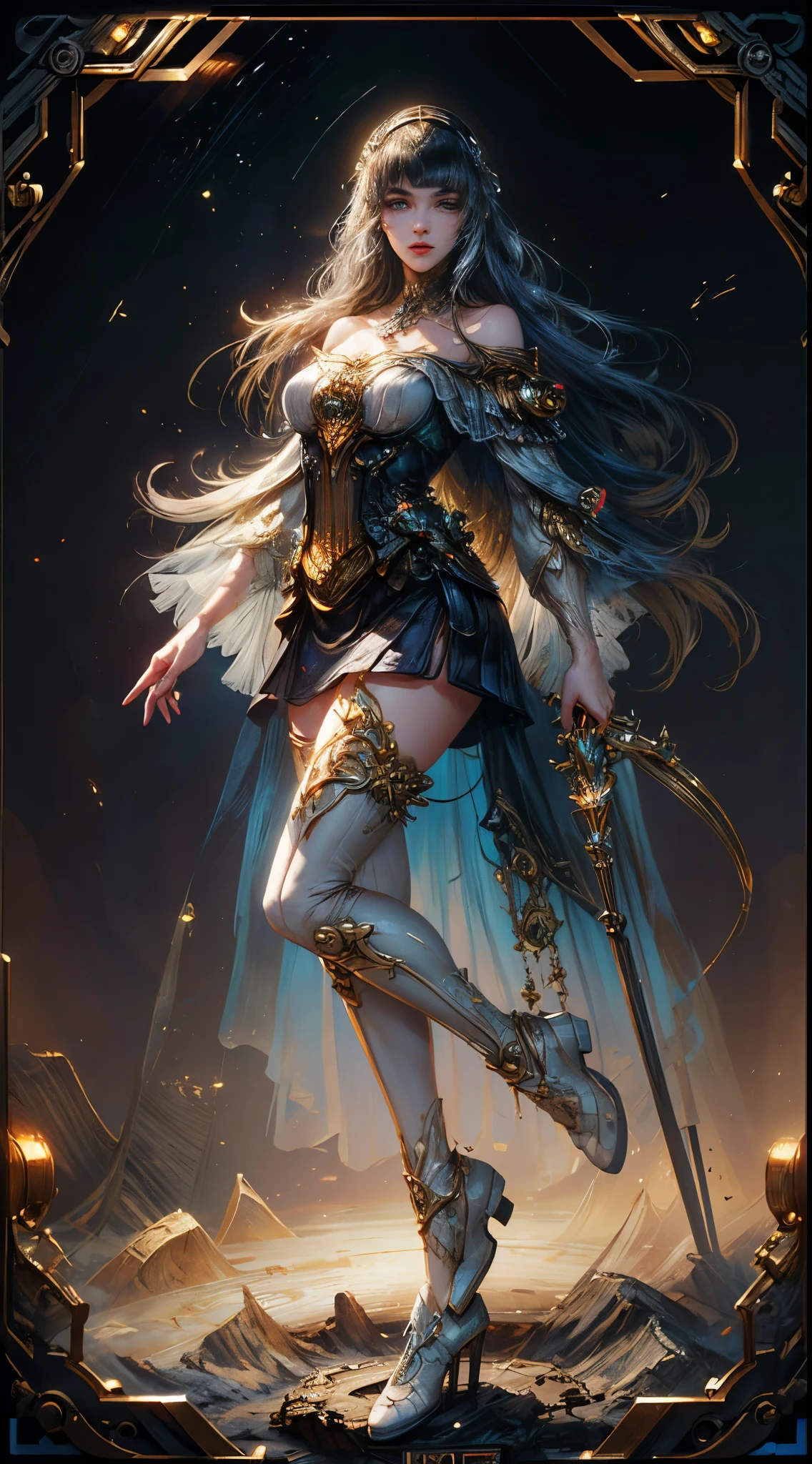 Wizard girl. Very pretty 14 years old,
(((masterpiece, best quality, raw photo, photorealistic, depth of field, ultra detailed, detailed face, very precise eyes))), Dynamic Action Pose, Invoke Magic, Mechanical Magic Weapons, very slender long legs, lace stockings on the knee, steampunk headgear, fluttering lace flared white mini skirt, off-shoulder white fashion with a fusion of detailed and intricate steampunk and detailed white gothic lolita, (((Very slender body, long, thin limbs))), upward and beautiful small breasts, (((Thick bangs))), (((princess cut))), Clean long white hair, long vertical curly hair, wind driven, futuristic complex steampunk factory background, infinite dark universe, flying celestial bodies, countless celestial neon lights raining down from the heavens, cinematic lighting decoration.