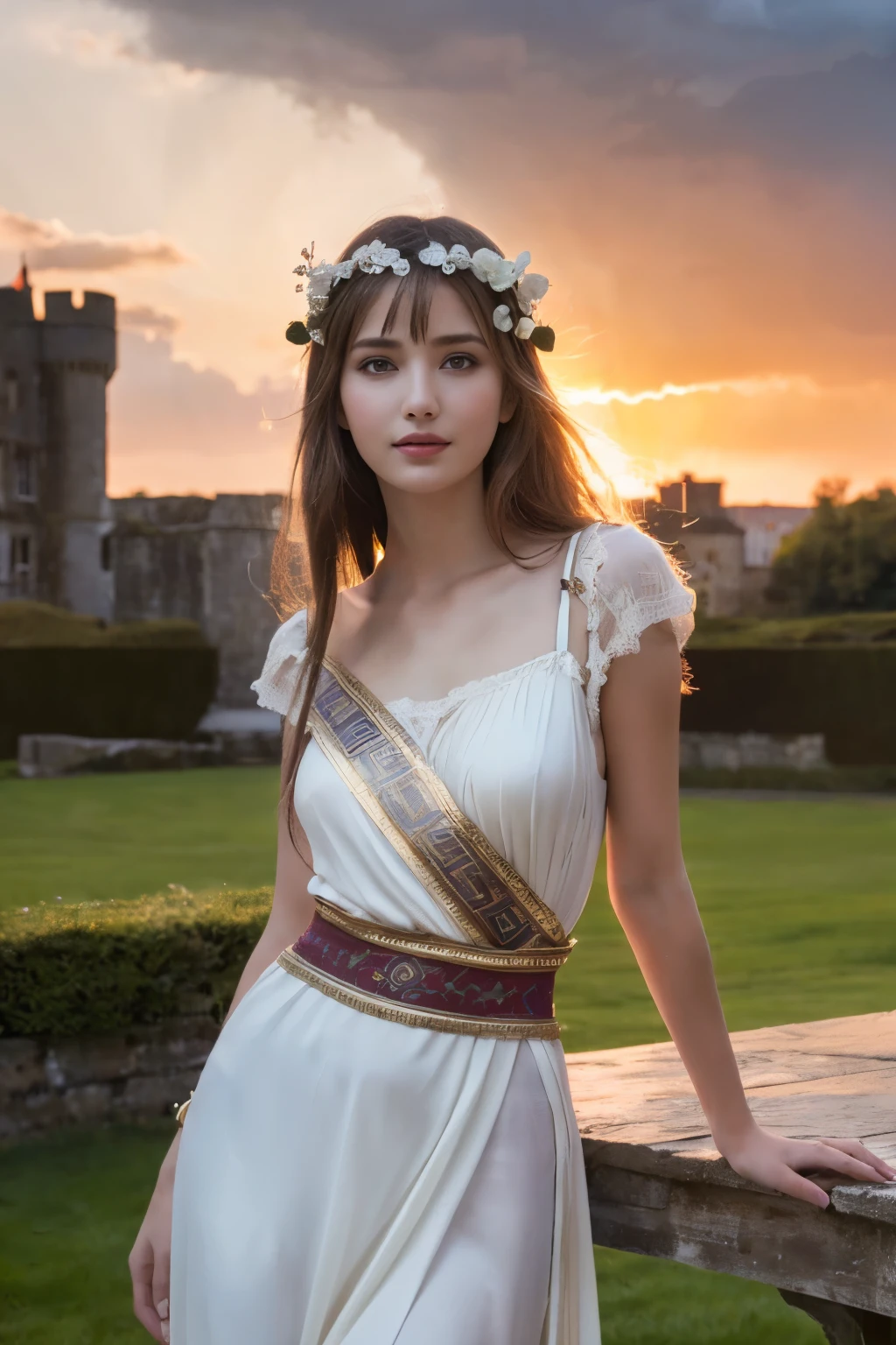 ((table top:1.4, highest quality)), (realistic pictures:1.4),
((1 girl)), (An unearthly beauty), (dream-like),
(超High resolution:1.2), very delicate and beautiful, wonderful, Highly detailed CG Unity 8K wallpaper, Super detailed, High resolution,
soft light, beautiful detailed girl, highly detailed eyes and face, beautifully detailed nose, beautiful and detailed eyes,
(Dressed in ancient Greek maiden costume:1.3),
cinematic lighting, perfect anatomy, slender body, (parted bangs),
(In the gardens of a Scottish castle:1.3), (Sunshine shining through the gaps in the dark clouds after a storm:1.3), (rainbow:1.3), (outdoor),
cowboy shot, looking at the viewer, archaic smile