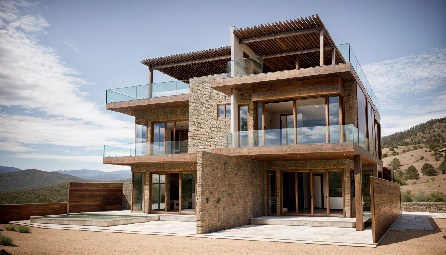 house exterior modern rustic style, rustic style architecture, timber pergola, Exposed beams, stone walls, reclaimed wood, glass doors and windows,wood rail, large windows, outdoor living spaces, natural landscaping, masterpiece, highquality, realistic photo, canon eos 5D mark, natural light, 