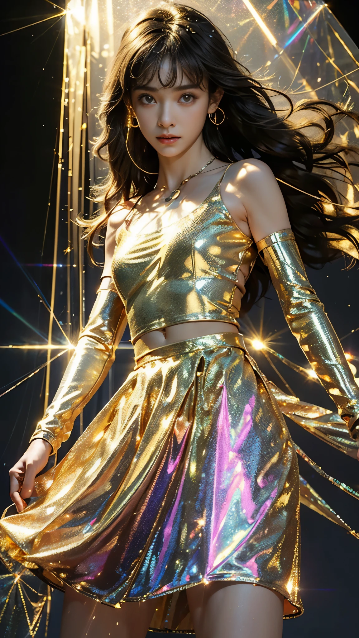 8K, ultra hd, masterpiece, 1 girl, (good face:1.4), detailed eyes, very long hair, impressive hairstyle, earings, necklace, small breasts, (glowing skirt outfit1.5), see-through, (golden laser outfit:1.5), Light-colored foundation brings out the skin, (in the dark:1.5), mystery, (laser lights:1.8), glowing lights, very decoration, The laser falls like water, perfect front body,