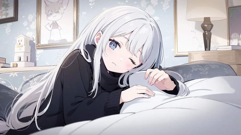 ((masterpiece, best quality))++, Detail lights+, detail hair+, Detail hand+ ,1 girl, long gray hair, dark blue eyes, beautiful eyes, Young gray hair,,(beautiful white hair:1.5),(beautiful eyes), High resolution+, , Glass tones, Reflective eyeanyery detail wallpaper, original, ,scarf ,Blackening,A girl sleeping at home,wearing pajamas,eyes closed,Warm colors,city View