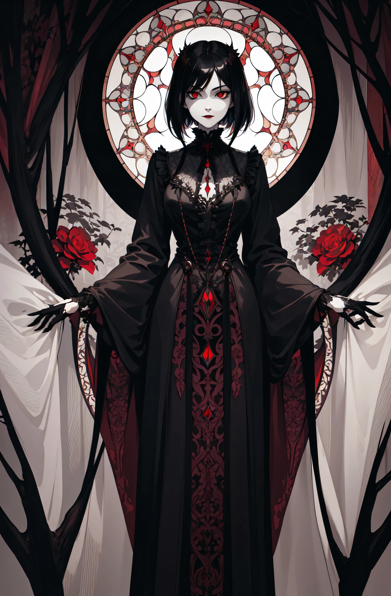 Basic Art Nouveau，Vampire Girl，perfect face，young，（Oval face），dark clothes，Soft and sad face，Exquisite，No wrinkles，gothic style，symmetry，black hair，red eye，short hair，A mix of synthwave and art nouveau，Bold and smooth lines，Dynamic composition of organic art nouveau patterns，Interesting roses and patterns interwoven with geometric shapes，Reflected vampire character，With a mysterious and gothic atmosphere。The dress features an Art Nouveau pattern and a natural grid landscape。The neon-like outline effect calls attention to the stained glass，White background、high contrast、Easy to color、Visual clarity、French Art Nouveau and 80s Vaporwave art style minimalist details