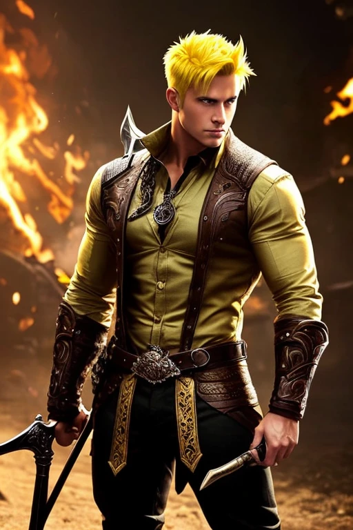 Golden yellow hair,wearing a button shirt with trousers,muscular,with a sword,boots,black,falfallen hahair but cool,green eyes.