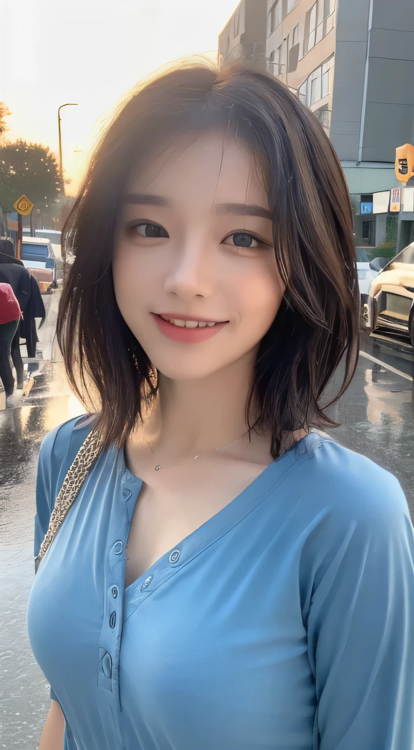 ((highest quality, 8K, masterpiece:1.3)), concentrated: 1.2, perfect body beauty: 1.4, buttocks: 1.2, ((layered haircut, chest: 1.2)), (wet clothes: 1.1), (rain, street:1.3), bandeau dress: 1.1, Highly detailed face and skin texture, fine eyes, double eyelid, Whitening skin, long hair, (shut up: 1.3), smile