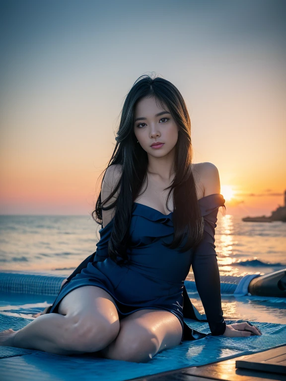 （（Top  Quality，8K，tmasterpiece：1.3）），focal：1.2，Perfect beauty：1.4，Essential，hindquarters：1.2，（（Layered Hair Style，nedium breasts：1.2）），（wetclothes：1.1），（sun setting，the ocean：1.3），Off-the-shoulder floral dress：1.1，Highly Detailed Face and Skin Textur，Narrow eyes，double eyelid，Whitens the skin，rnlong hair，（Keep one's mouth shut：1.3），Smile with，The beauty is unreal，Hairstyling design，Sitting in the ocean，Long legs，The Ocean Splash character has no other elements，(Best quality),(Ultra-detailed),(Masterpiece),(the wallpaper),looking at viewert,Delicate details,Bright eyes,light in face,Cinematic lighting,Sexy figure,Perfect body proportion,Blush,Black hair,Floating hair,(Long hair:1.3),fake smile,Bed,Absolute field,Smooth skin,Expose legs,Full body, ,Unity 8k wallpaper,Ultra detailed,Beautiful and aesthetic,Beautiful,Masterpiece,Best quality,,Lying,group picture,Sit in the water,