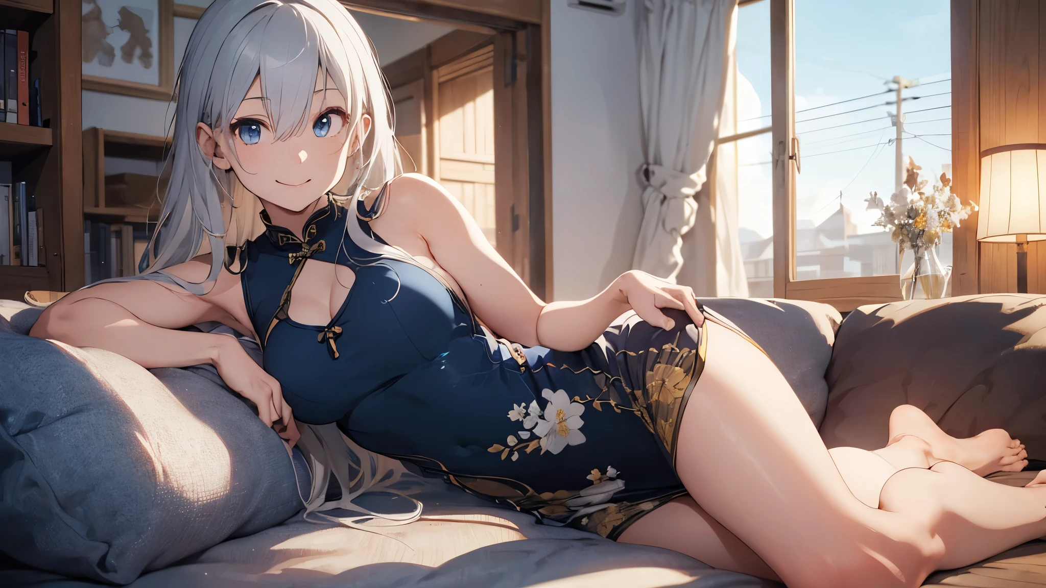 (masterpiece, highest quality, ultra high resolution, super detailed), (realistic, photorealistic:1.4), beautiful illustrations, perfect lighting, Natural light, colorful, Depth of the bounds written, surrealism, looking at the viewer, 1 girl, 16 years old, 7 head and body, perfect face, (perfect anatomy), Cute symmetrical face, baby face, shiny skin, (ideal body proportions), ( silver hair,long hair), hair between eyes, dark blue eyes, long eyelash, (big breasts:1.2, seductive thighs), thin, small ass, thin脚, beautiful hair, beautiful face, detailed and beautiful eyes, beautiful clavicle, beautiful body, beautiful breasts, beautiful thighs, beautiful feet, beautiful fingers, ((long cheongsam dress)), barefoot, (beautiful scenery), night, (sofa), (smile:1.5, happiness),
