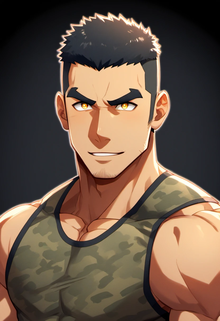 anime characters：Gyee, Fitness coach, 1 muscular tough guy, Manliness, male focus, Camouflage sleeveless T-shirt, Very tight, Slightly transparent, muscular male, muscular, only, Upper body, alone, Black short hair, Thick eyebrows, stubble, Yellow eyes, Black background, simple background, amazing quality, best aesthetics, Ridiculous, bright pupils, crew cut, parted lips, embarrassed, forced smile, drop shadow, best quality