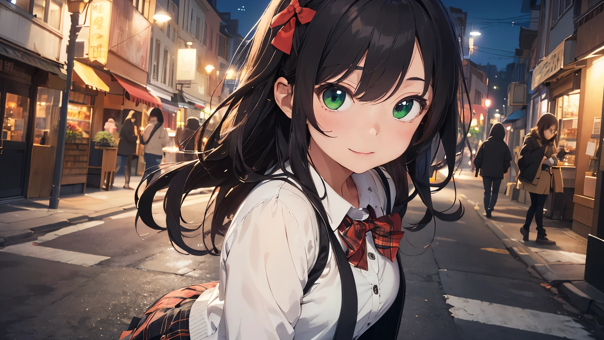 ((masterpiece, highest quality, High resolution, UHD, perfect pixel, Depth of the bounds written, 4k, RTX, HDR))), 1 girl, single, alone, beautiful anime girl, beautiful art style, anime character, ((long hair, bangs, dark brown hair, curly hair:0.4, simple hairpin)), ((green eyes:1.4, round eyes, beautiful eyelashes, realistic eyes)), ((detailed face, blush:1.2)), ((smooth texture:0.75, realistic texture:0.65, realistic:1.1, Anime CG style)), medium breasts, ((dynamic angle, portrait)), perfect body, ((red bow tie, , black jacket, open jacket, brown cardigan, white shirt, black skirt, plaid skirt)), smile, cityscape at night
