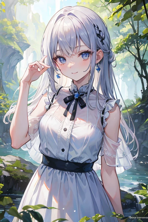 (masterpiece, best quality:1.4), 8k, official art, raw photo, absurdres, girl, evil smile, upper body, standing, white summer dress, wet, see-through, stone bridge, ruins, sky, woods, stream, detailed shadow, light leaks, perspective, depth of field, sharp focus, highres, ultra detailed, finely detail, extremely detailed, (detailed eyes and face, sharp pupils, realistic pupils:0.6)