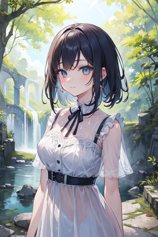(masterpiece, best quality:1.4), 8k, official art, raw photo, absurdres, girl, evil smile, upper body, standing, white summer dress, wet, see-through, stone bridge, ruins, sky, woods, stream, detailed shadow, light leaks, perspective, depth of field, sharp focus, highres, ultra detailed, finely detail, extremely detailed, (detailed eyes and face, sharp pupils, realistic pupils:0.6)