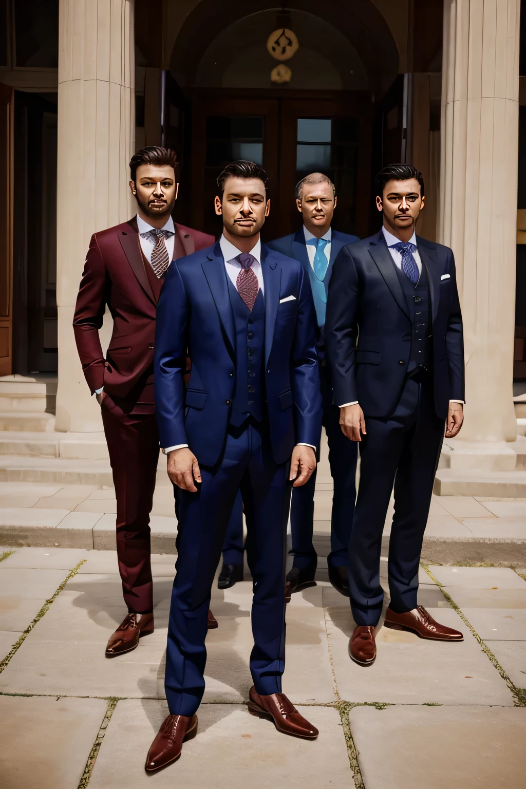 8 rich gentleman standing together on expensive suit, all of them are in good shape