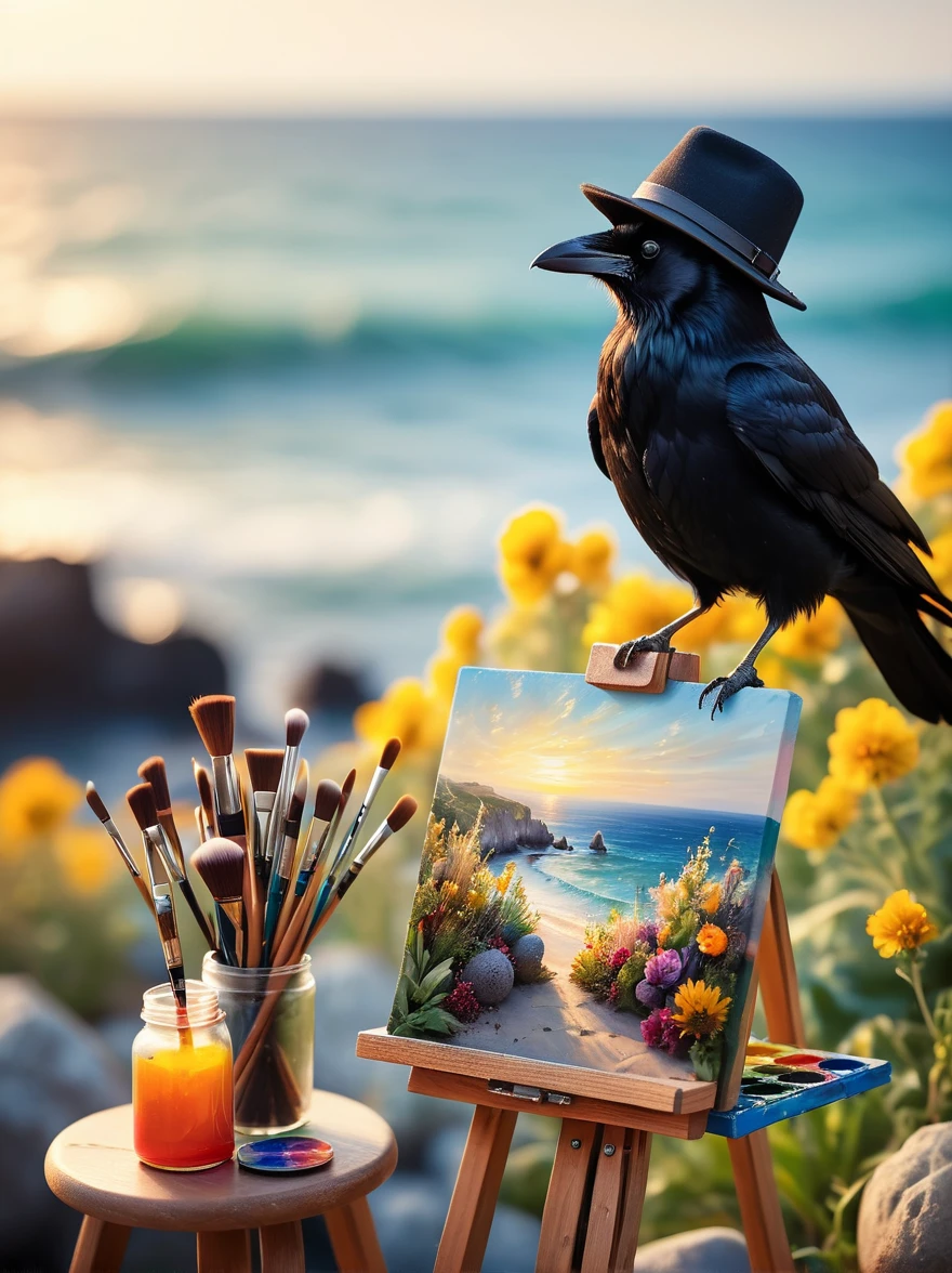 a photo with a tilt shift, selective focus, miniature effect, highly detailed, bright, perspective control, a picture with a natural tilt (whimsically artistic), charming additional fluffy, Cute crow wearing a hat, ((He paints a still life on an easel, brushes, seascape)), magical, macro photography, (charming:1.3), (luminous: 1.2), (huge flora: 1.1), mystical, vivid photography, flickering light, preoccupied, bizarre, disturbing, soft-focus, over-detailed digital art
