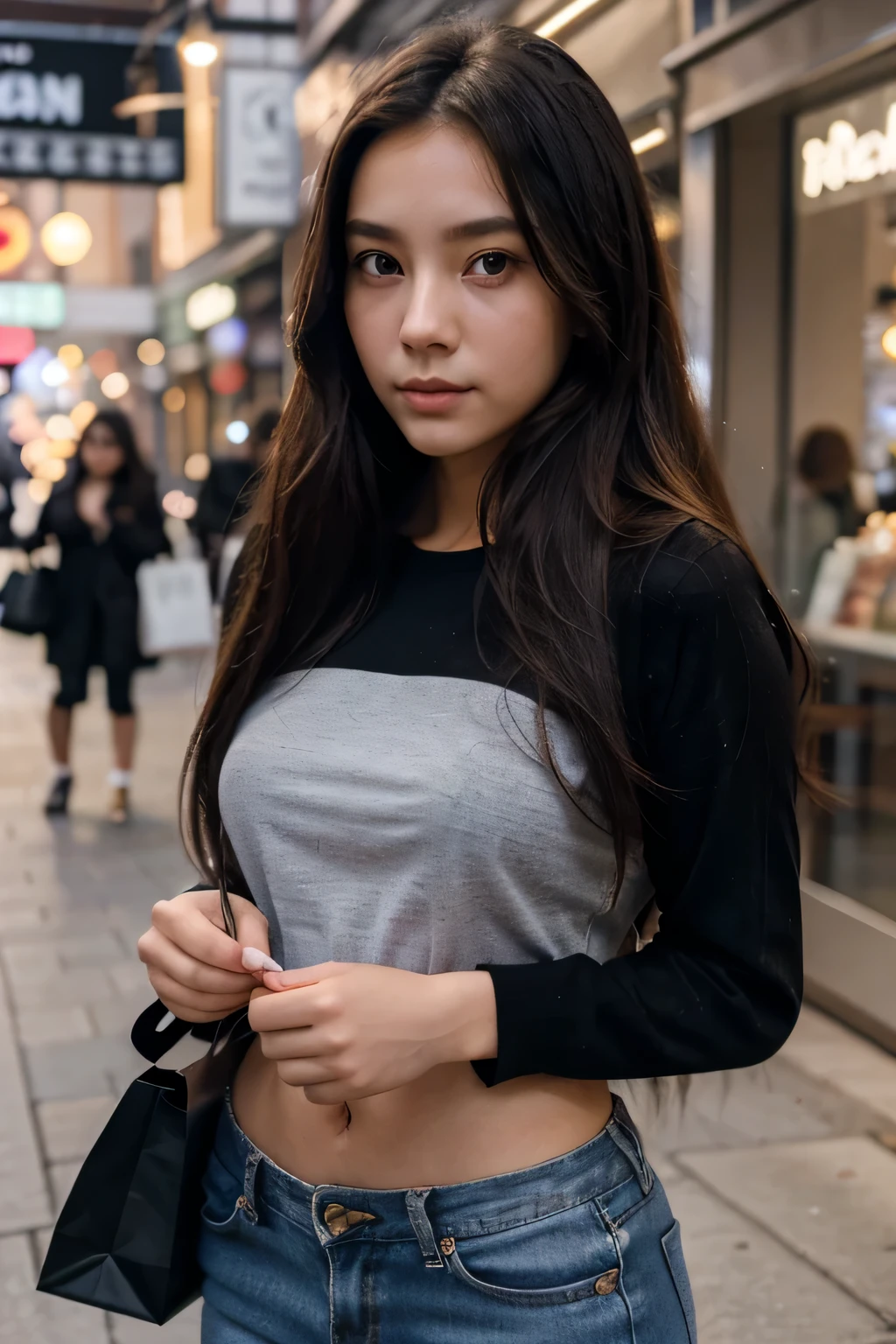 21yearold girl、long hair, black、The eyes are double-lidded and have clear wrinkles at the corners of the eyeature woman&#39;s whole body、Wear clothes that clearly show your body lines.、The background is a woman shopping alone in a fashionable downtown area.