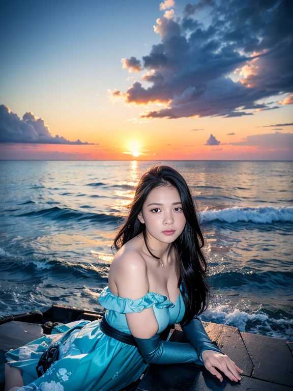 （（Top  Quality，8K，tmasterpiece：1.3）），focal：1.2，Perfect beauty：1.4，Essential，hindquarters：1.2，（（Layered Hair Style，nedium breasts：1.2）），（wetclothes：1.1），（sun setting，the ocean：1.3），Off-the-shoulder floral dress：1.1，Highly Detailed Face and Skin Textur，Narrow eyes，double eyelid，Whitens the skin，rnlong hair，（Keep one's mouth shut：1.3），Smile with，The beauty is unreal，Hairstyling design，Sitting in the ocean，Long legs，The Ocean Splash character has no other elements，(Best quality),(Ultra-detailed),(Masterpiece),(the wallpaper),looking at viewert,Delicate details,Bright eyes,light in face,Cinematic lighting,Sexy figure,Perfect body proportion,Blush,Black hair,Floating hair,(Long hair:1.3),fake smile,Bed,Absolute field,Smooth skin,Expose legs,Full body, ,Unity 8k wallpaper,Ultra detailed,Beautiful and aesthetic,Beautiful,Masterpiece,Best quality,,Lying,group picture,Sit in the water,