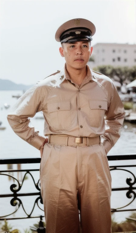 A man in uniform stands by the railing, wearing Uniform, 乔西普·布罗兹·铁托的Color photos, Color photos, Wearing a general\Uniform, wearing a Uniform, in Uniform, universal uniform, Colorful photograph, Colorful, a Colorful photo, Dressed as a soldier, Uniform, award winning Colorful photo, color image