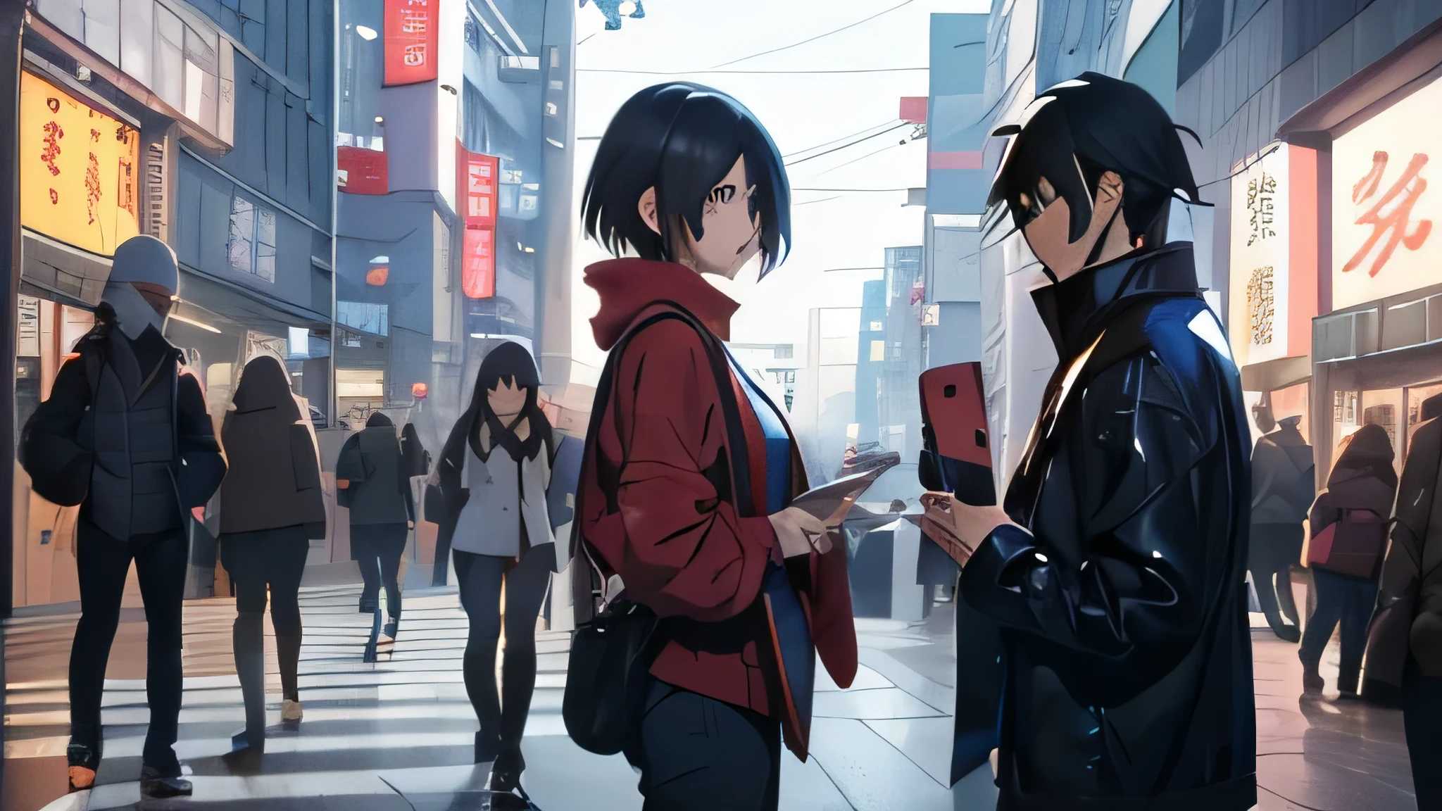 Anime characters standing on city streets，A man looking at his phone, Samu rice sauce and Shinkai Makoto, Rose Tran and Makoto Shinkai, Tokyo anime scene, Realistic anime 3D style, Guwitz and Xin Haicheng, guweiz style artwork, modern anime style, Fiona Staples and Makoto Shinkai