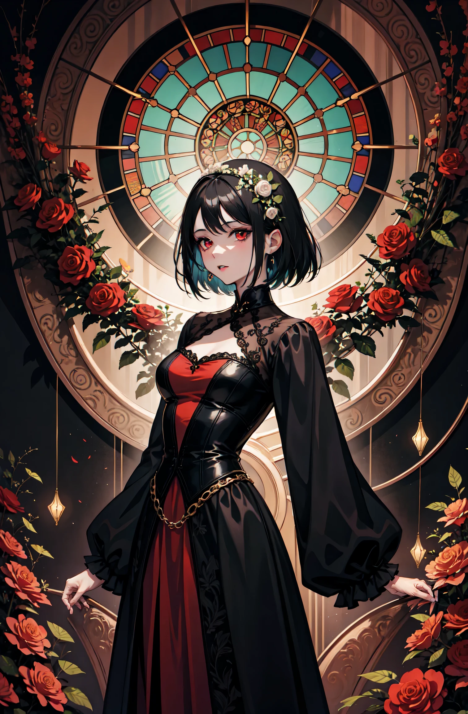 Basic Art Nouveau，Vampire Girl，young，（Oval face），dark clothes，Soft and sad face，Exquisite，No wrinkles，gothic style，symmetry，black hair，red eye，short hair，A mix of synthwave and art nouveau，Bold and smooth lines，Dynamic composition of organic art nouveau patterns，Interesting roses and patterns interwoven with geometric shapes，Reflected vampire character，With a mysterious and gothic atmosphere。The dress features an Art Nouveau pattern and a natural grid landscape。The neon-like outline effect calls attention to the stained glass，White background、high contrast、Easy to color、Visual clarity、French Art Nouveau and 80s Vaporwave art style minimalist details