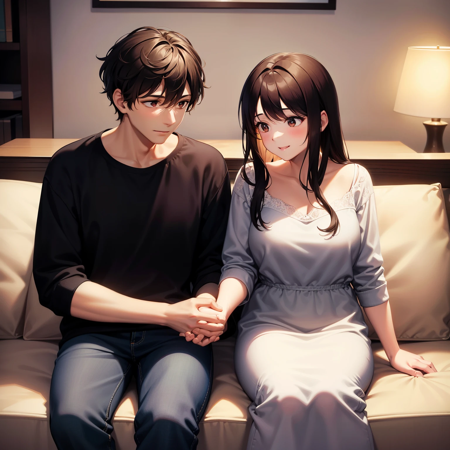 Masterpiece, highres, high Quality, heartwarming scene, loving couple, father and mother, sitting together, hands entwined, cherishing moment, warm smiles, excellent shading and lighting, 4K, detailed facial features, father with graying hair and kind eyes, mother with long, wavy chestnut hair, both dressed in casual attire, comfortably at home, best quality, beautiful, Ultradetailed, holding hands, deep connection, wearing matching outfits,emonrin, domestic bliss, retouched for perfection.